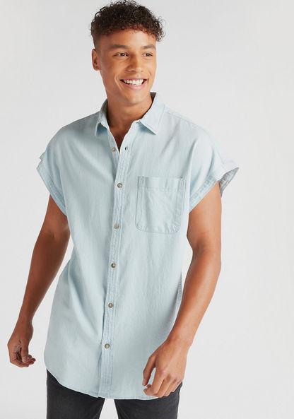 Solid Shirt with Extended Sleeves and Chest Pocket