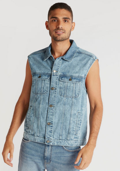 Solid Relaxed Fit Sleeveless Denim Jacket with Pockets