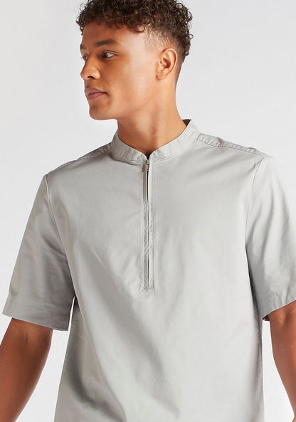 Solid Relaxed Fit Shirt with Mandarin Collar and Half Zipper Placket