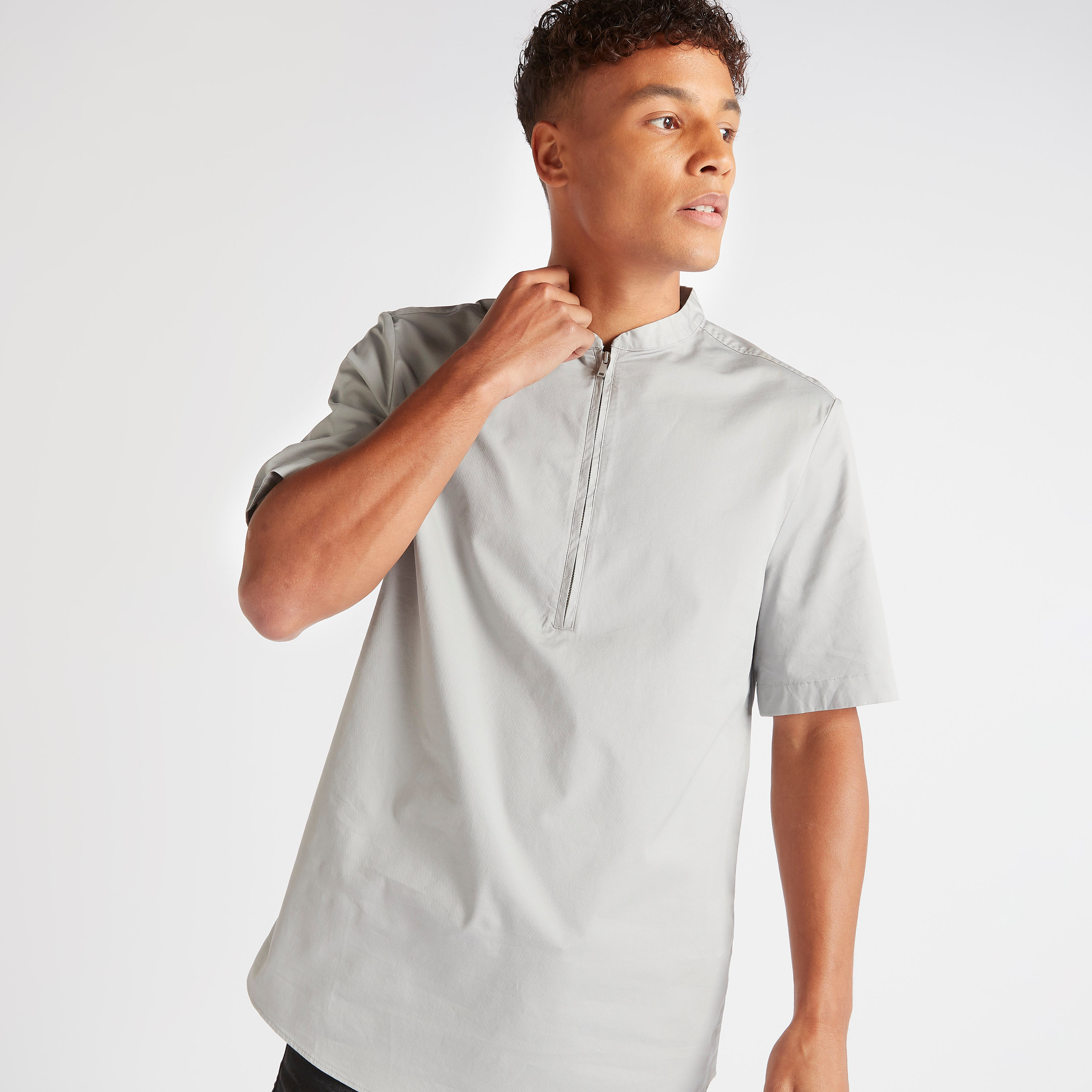 Buy Solid Relaxed Fit Shirt with Mandarin Collar and Half Zipper