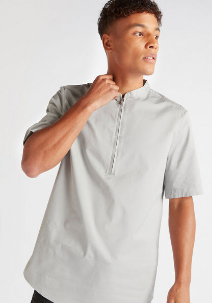 Solid Relaxed Fit Shirt with Mandarin Collar and Half Zipper Placket