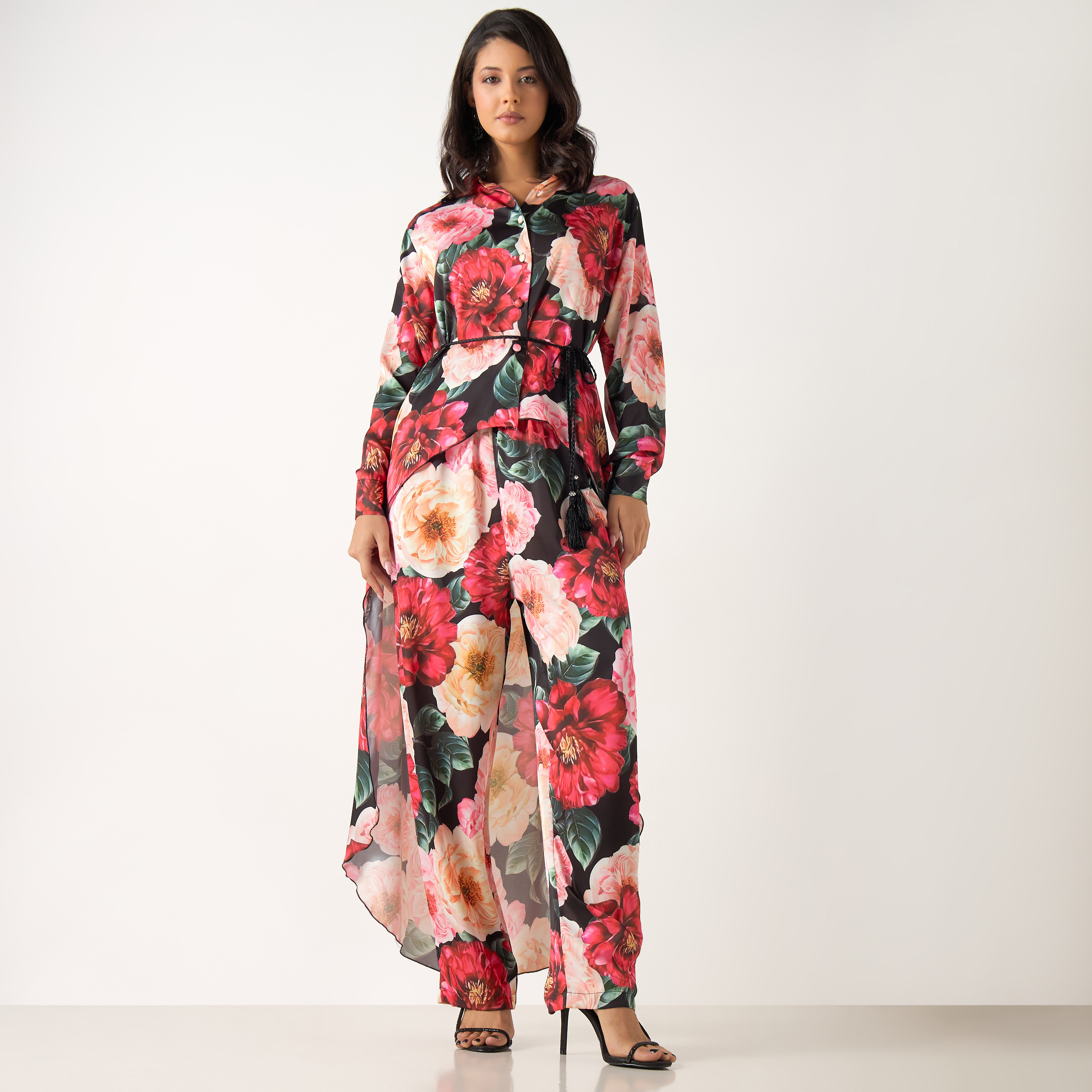 Golden Apple All-Over Floral Print Tie-Up Asymmetric Top and Pants Set-women-clothing-coordsets-image-1