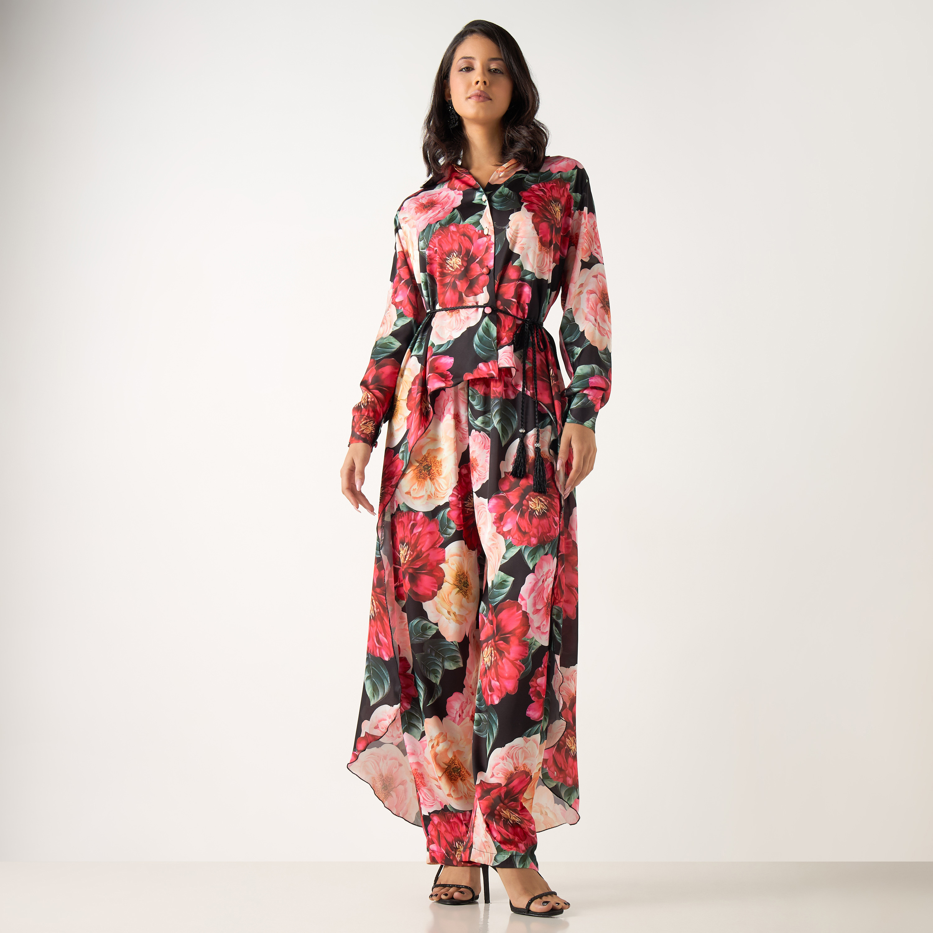 Golden Apple All-Over Floral Print Tie-Up Asymmetric Top and Pants Set-women-clothing-coordsets-image-2