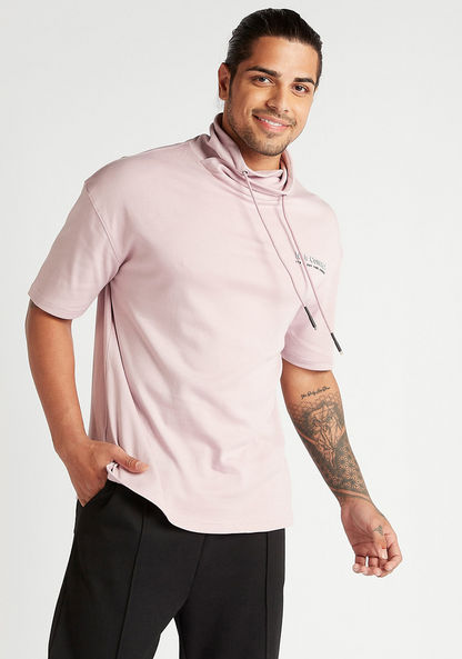 Applique Detailed T-shirt with Funnel Neck and Short Sleeves