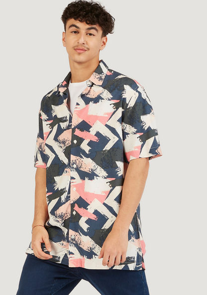 Printed Button-Up Shirt with Short Sleeves-Shirts-image-0