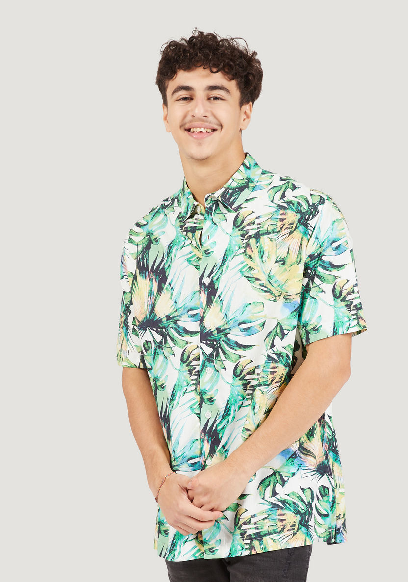 Printed Button-Up Shirt with Short Sleeves-Shirts-image-0
