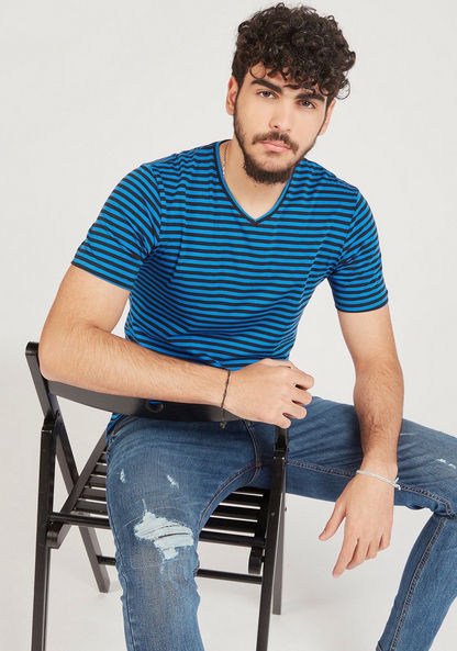 Striped V-neck T-shirt with Short Sleeves-T Shirts-image-0