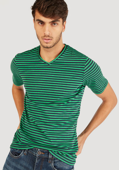 Striped V-neck T-shirt with Short Sleeves-T Shirts-image-0