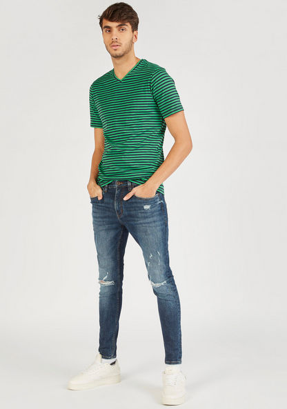 Striped V-neck T-shirt with Short Sleeves-T Shirts-image-1