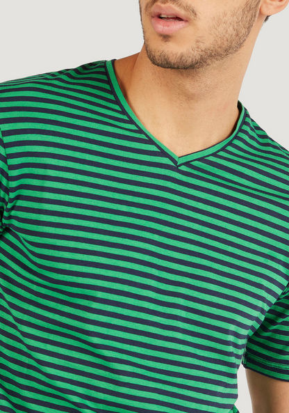 Striped V-neck T-shirt with Short Sleeves-T Shirts-image-2