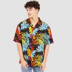 Tropical Print Shirt with Camp Collar and Short Sleeves