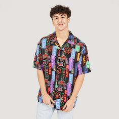 All Over Print Shirt with Camp Collar and Short Sleeves