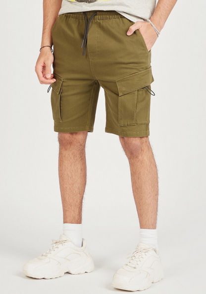 Solid Cargo Shorts with Drawstring Closure and Pockets-Shorts-image-0
