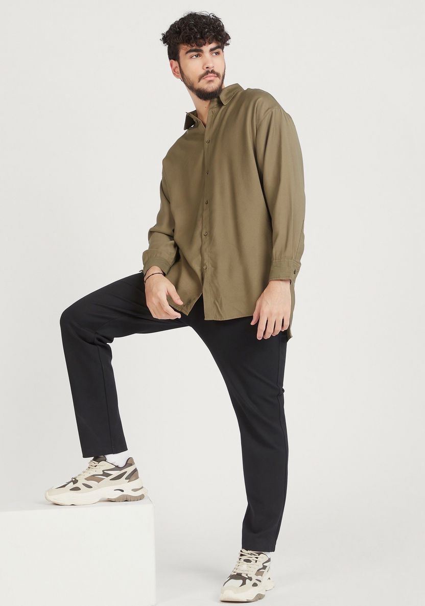Solid Shirt with High Low Hem and Long Sleeves-Shirts-image-0