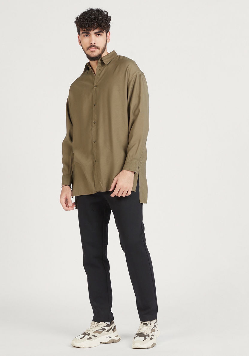 Solid Shirt with High Low Hem and Long Sleeves-Shirts-image-1