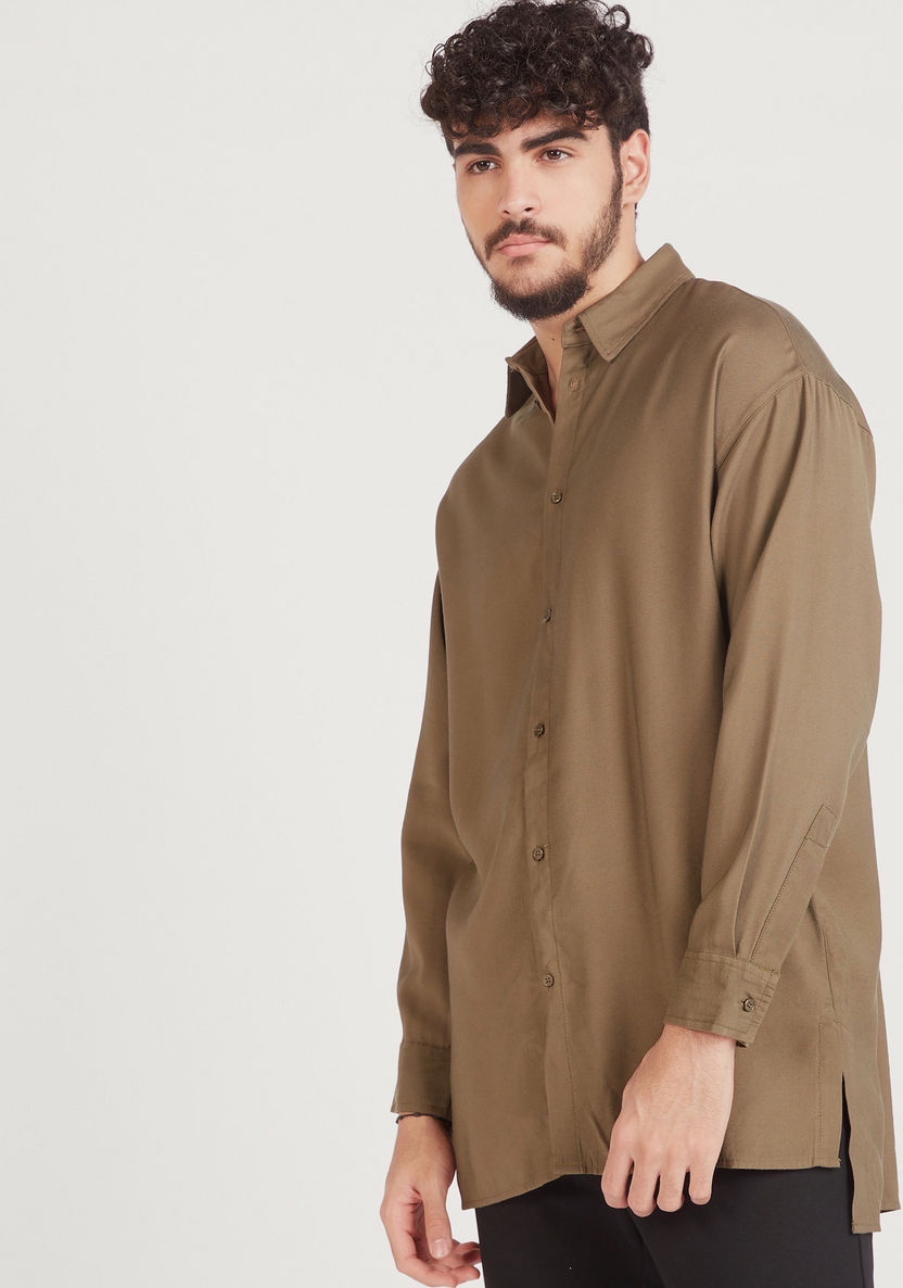 Solid Shirt with High Low Hem and Long Sleeves-Shirts-image-2