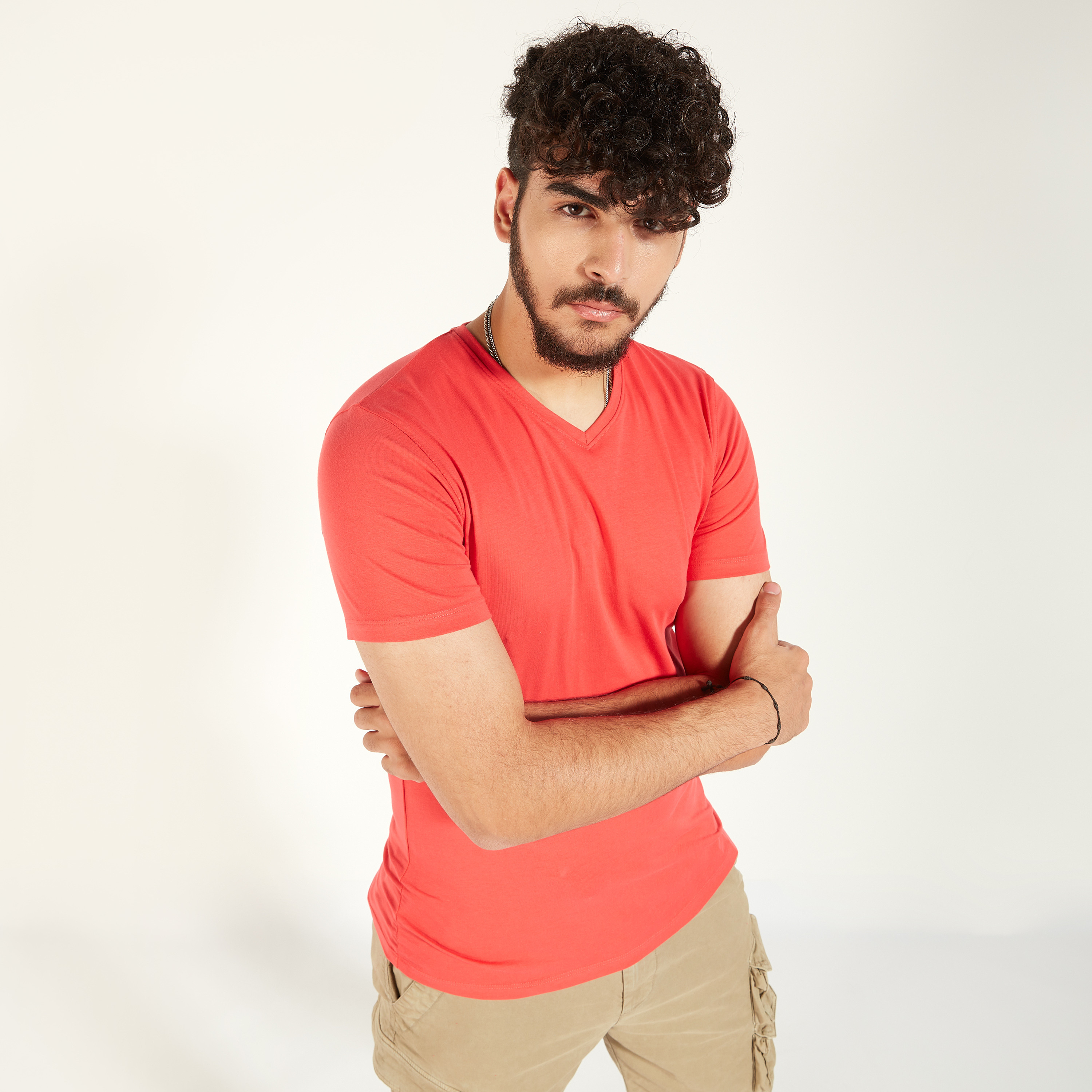 Solid T-shirt with V-neck and Short Sleeves-men-clothing-tshirtsandpolos-tshirts-image-5
