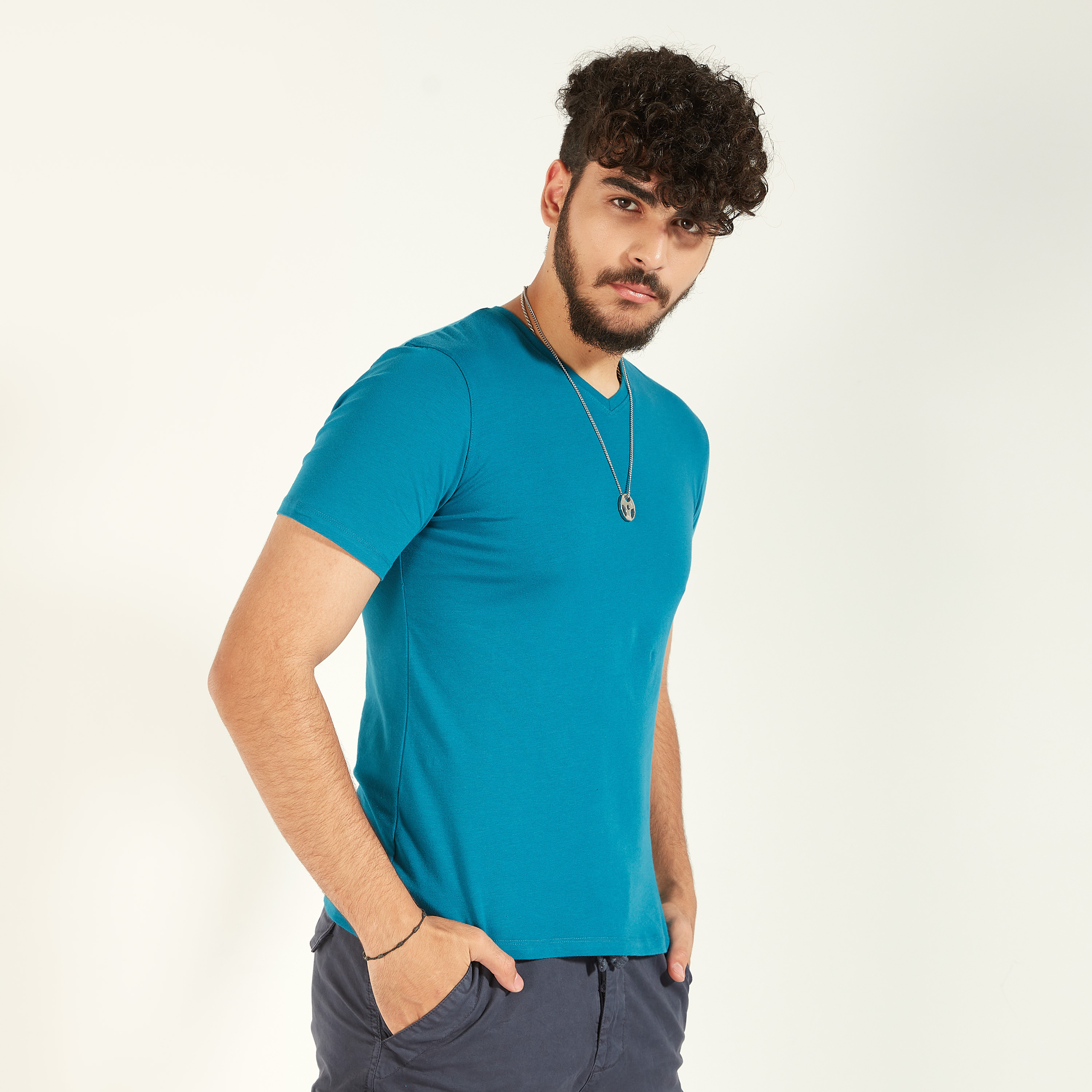 Solid T-shirt with V-neck and Short Sleeves-men-clothing-tshirtsandpolos-tshirts-image-10