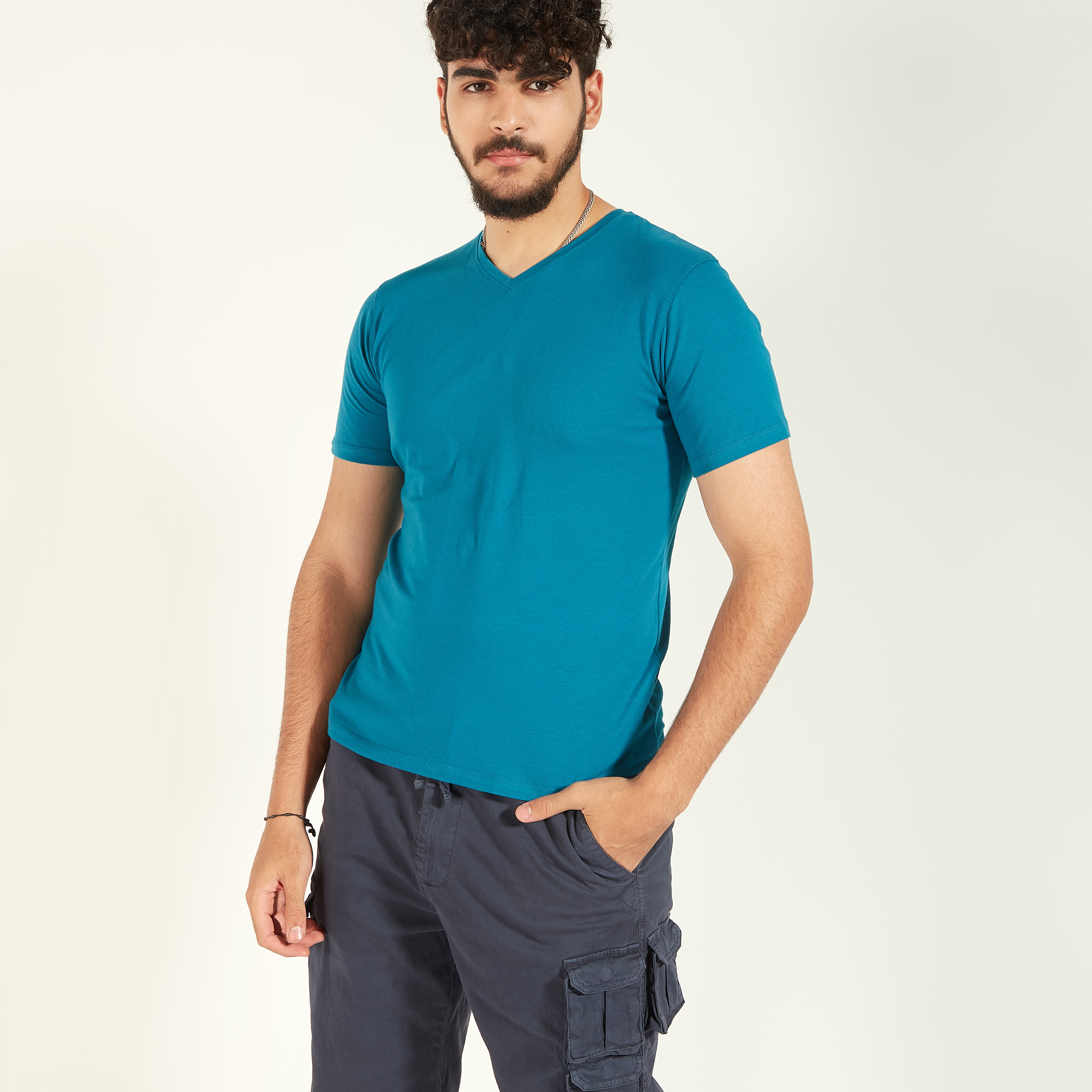 Solid T-shirt with V-neck and Short Sleeves-men-clothing-tshirtsandpolos-tshirts-image-14