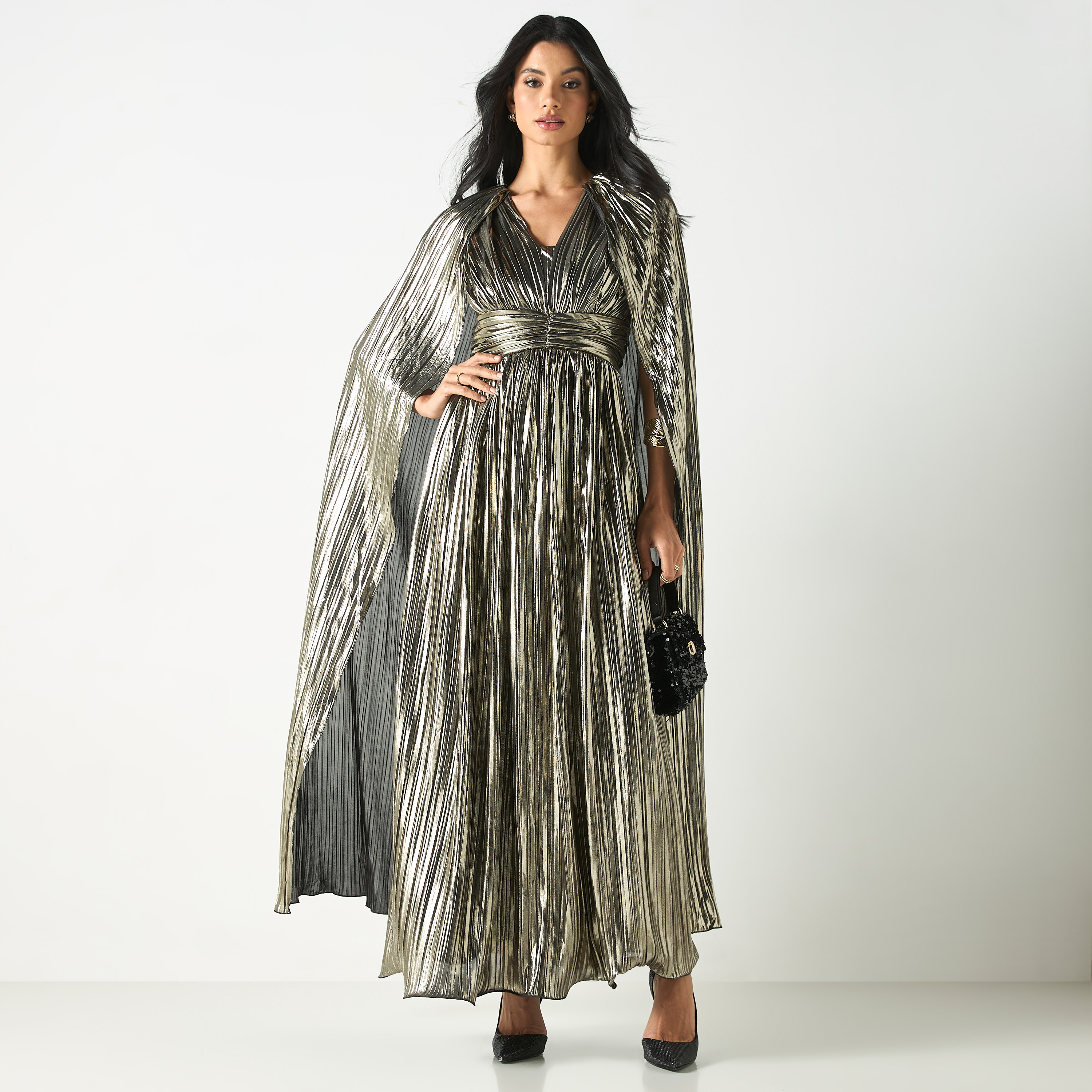 فستان طويل دون أكمام بكُسرات وتفاصيل سترة كاب-women-clothing-dresses-image-1