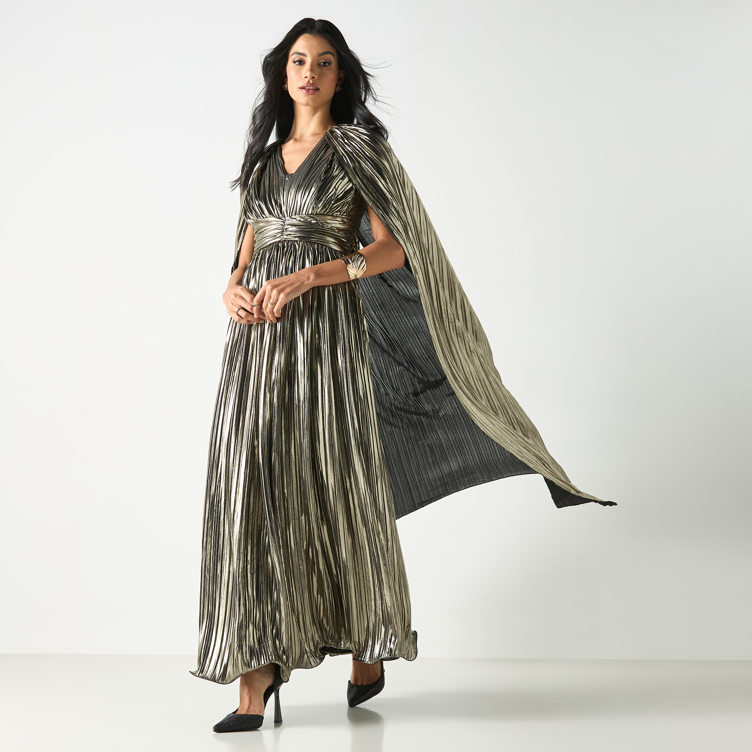 فستان طويل دون أكمام بكُسرات وتفاصيل سترة كاب-women-clothing-dresses-image-2