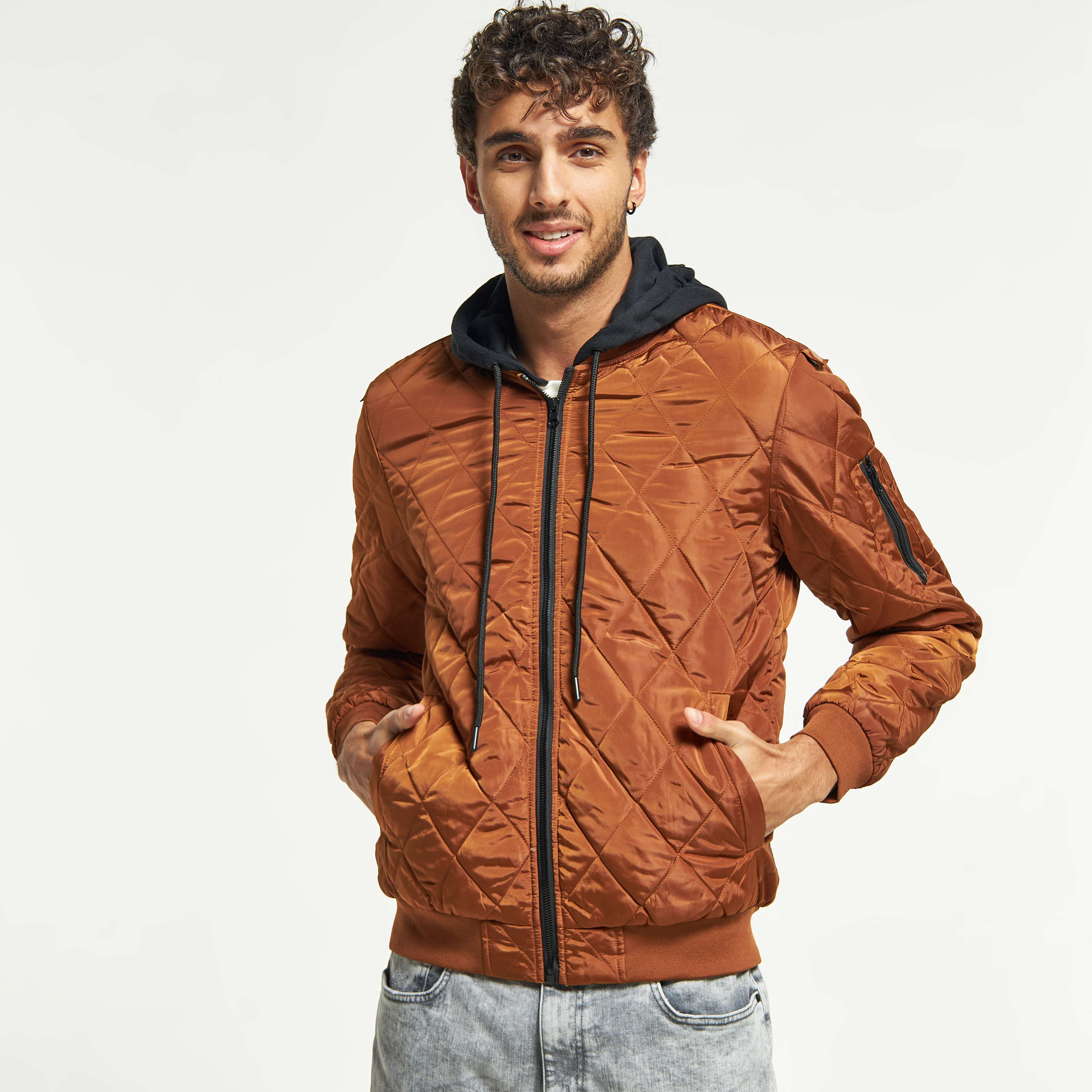 Quilted zip through jacket with sales hood