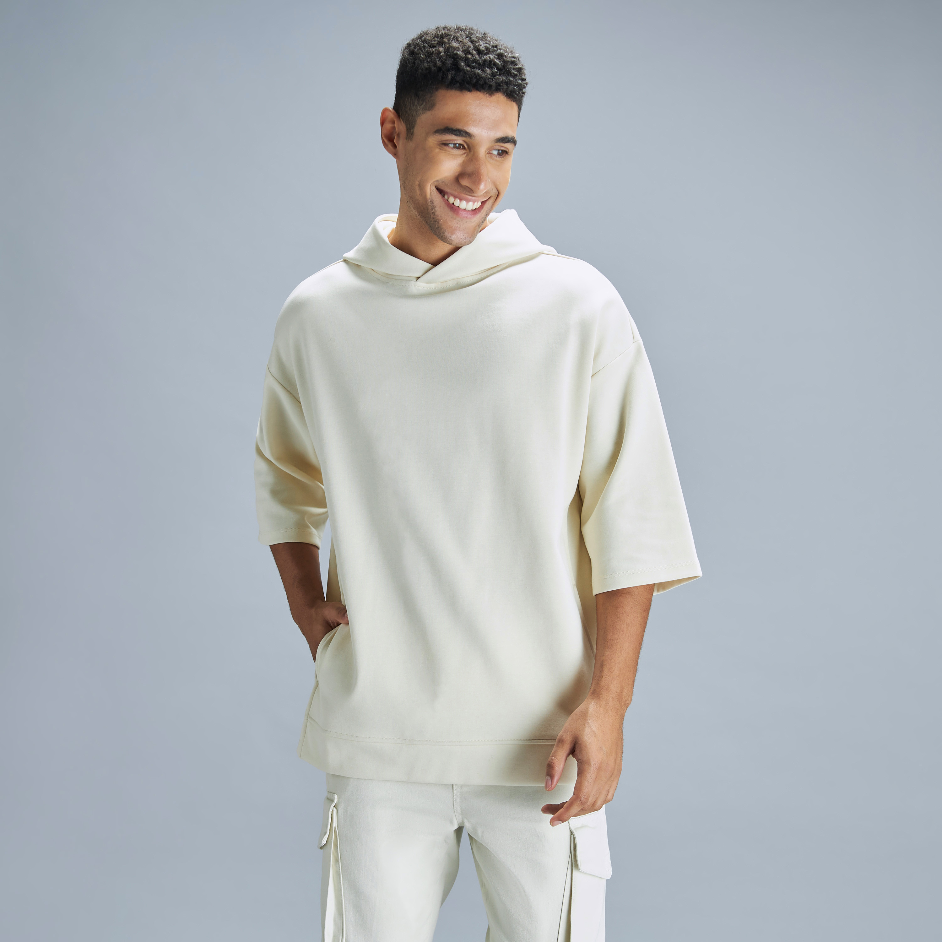 Buy Solid Hooded Sweatshirt with Pockets and Short Sleeves