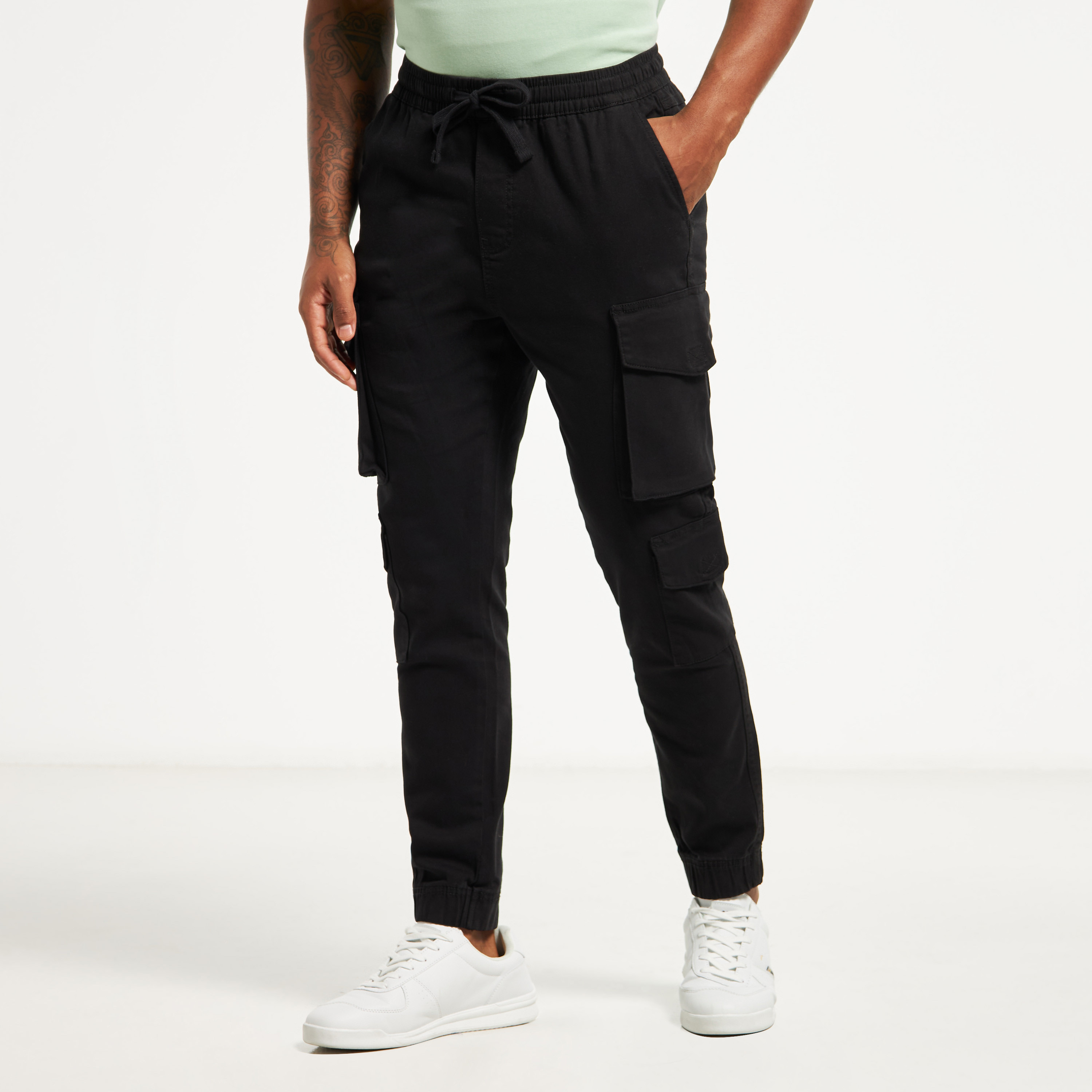 Buy Solid Regular Fit Soft Cargo Joggers with Drawstring Closure