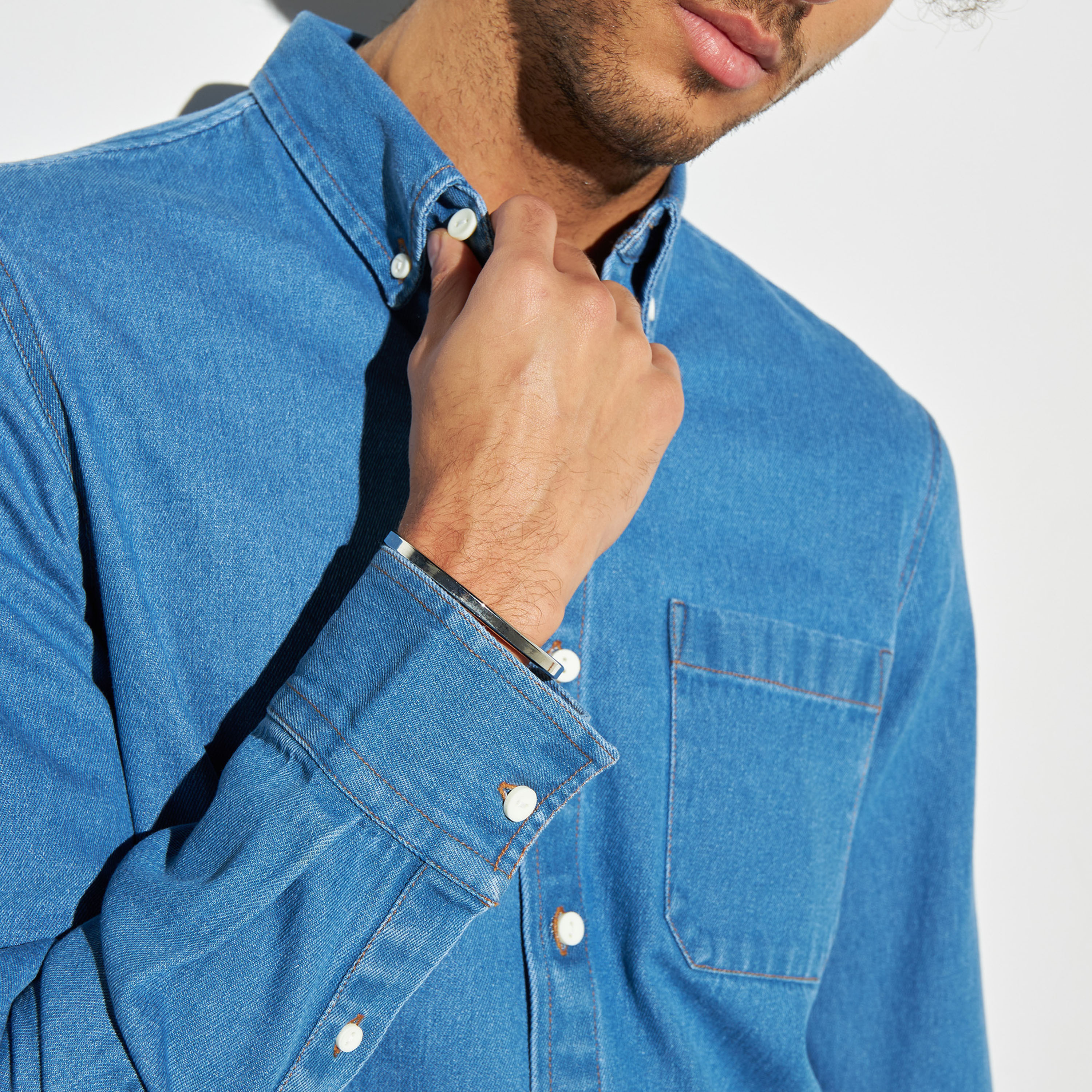 Mens denim shirt store button down collar