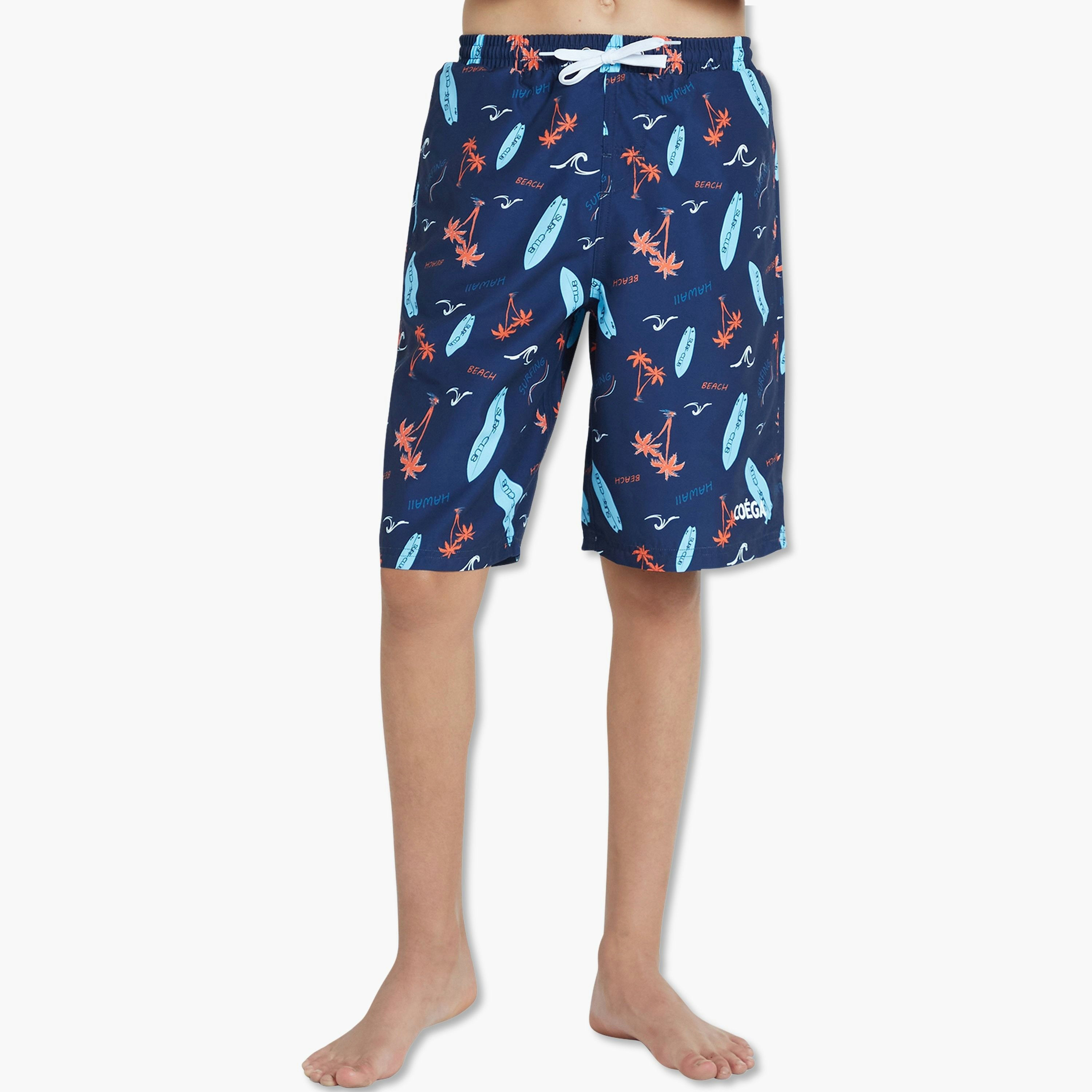 Coega Boys Boardshorts with Elastic Waist - AOP Navy Peach Palms-boys-clothing-sportswear-swimwear-image-1