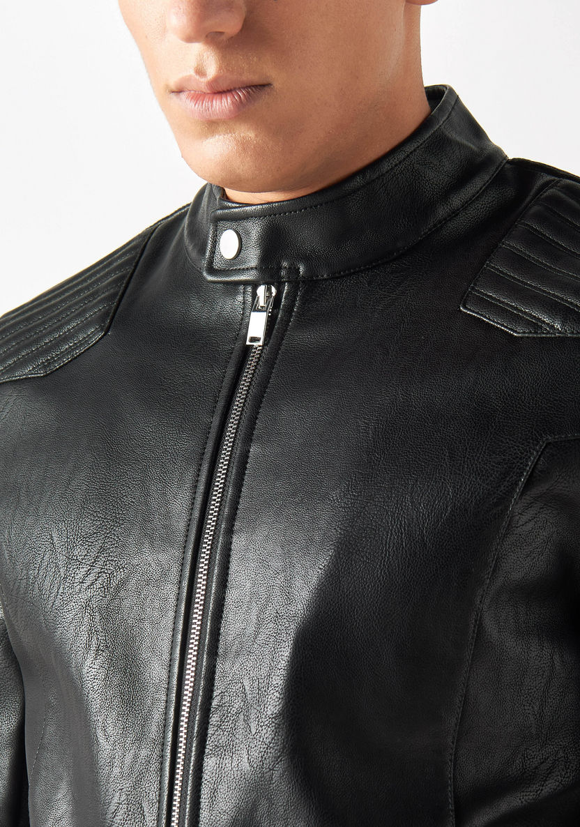 Buy Textured Zip Through Leather Biker Jacket with Long Sleeves ...