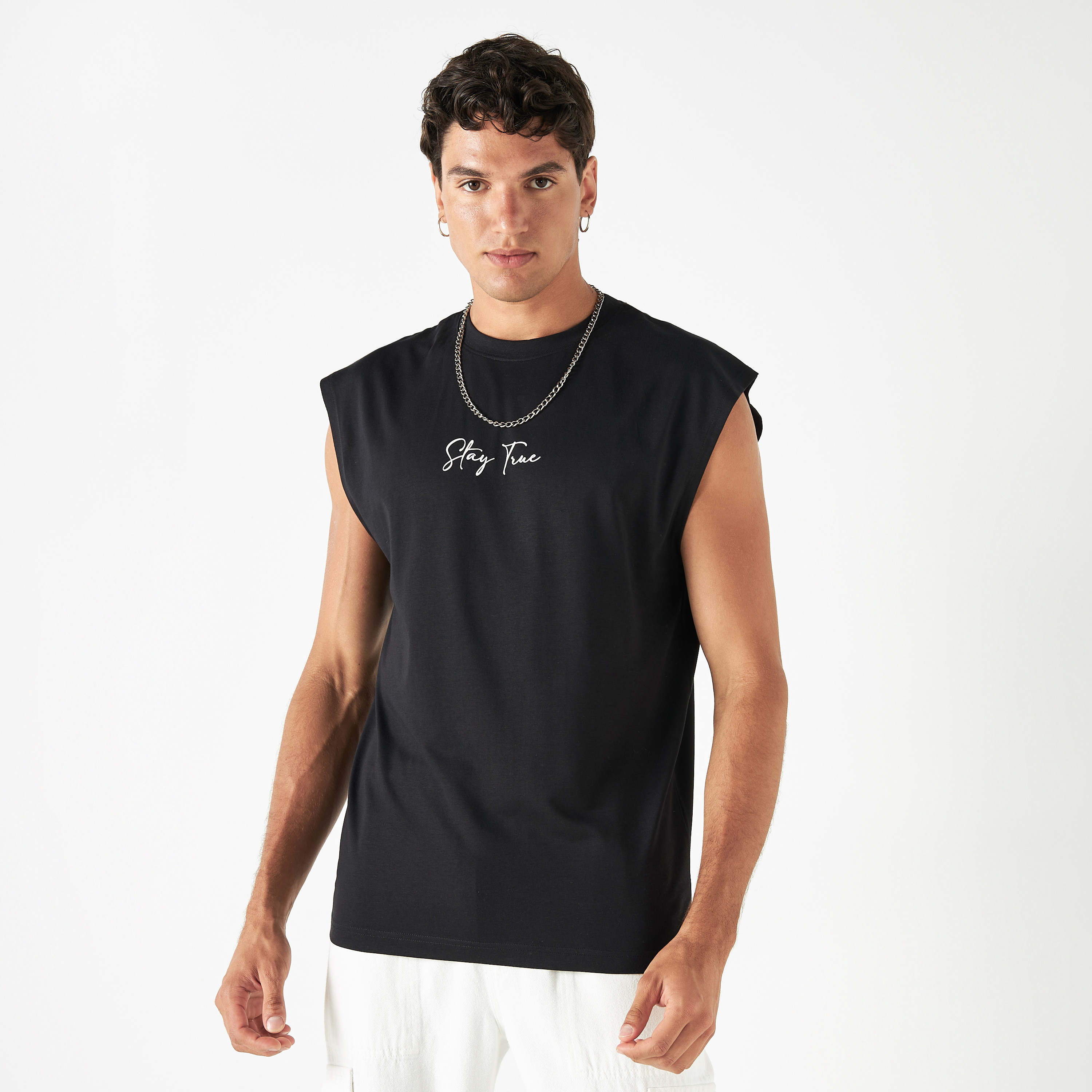 Buy Men s Slogan Print Sleeveless T shirt with Crew Neck Online Centrepoint UAE