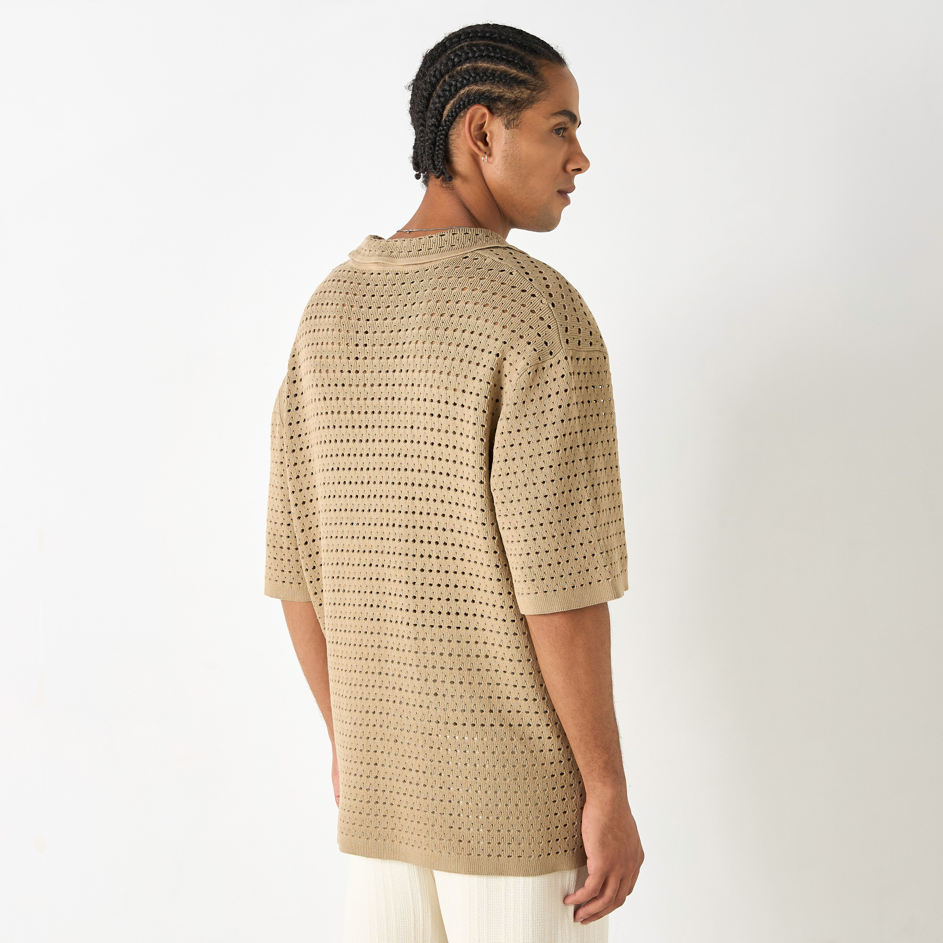 Shop Relaxed Fit Crochet Textured Shirt with Camp Collar and