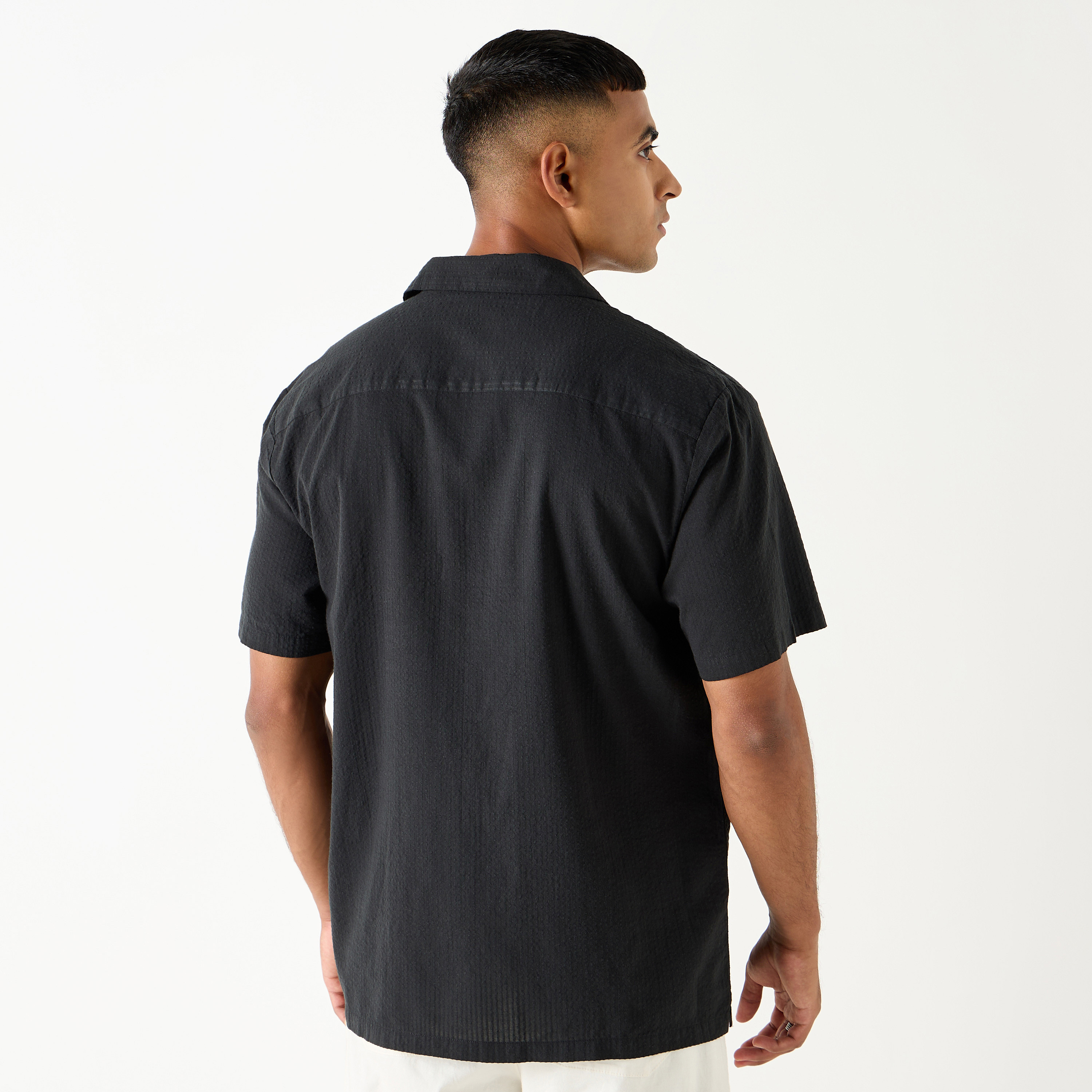 Shop Regular Fit Textured Camp Collar Shirt with Short Sleeves Online ...