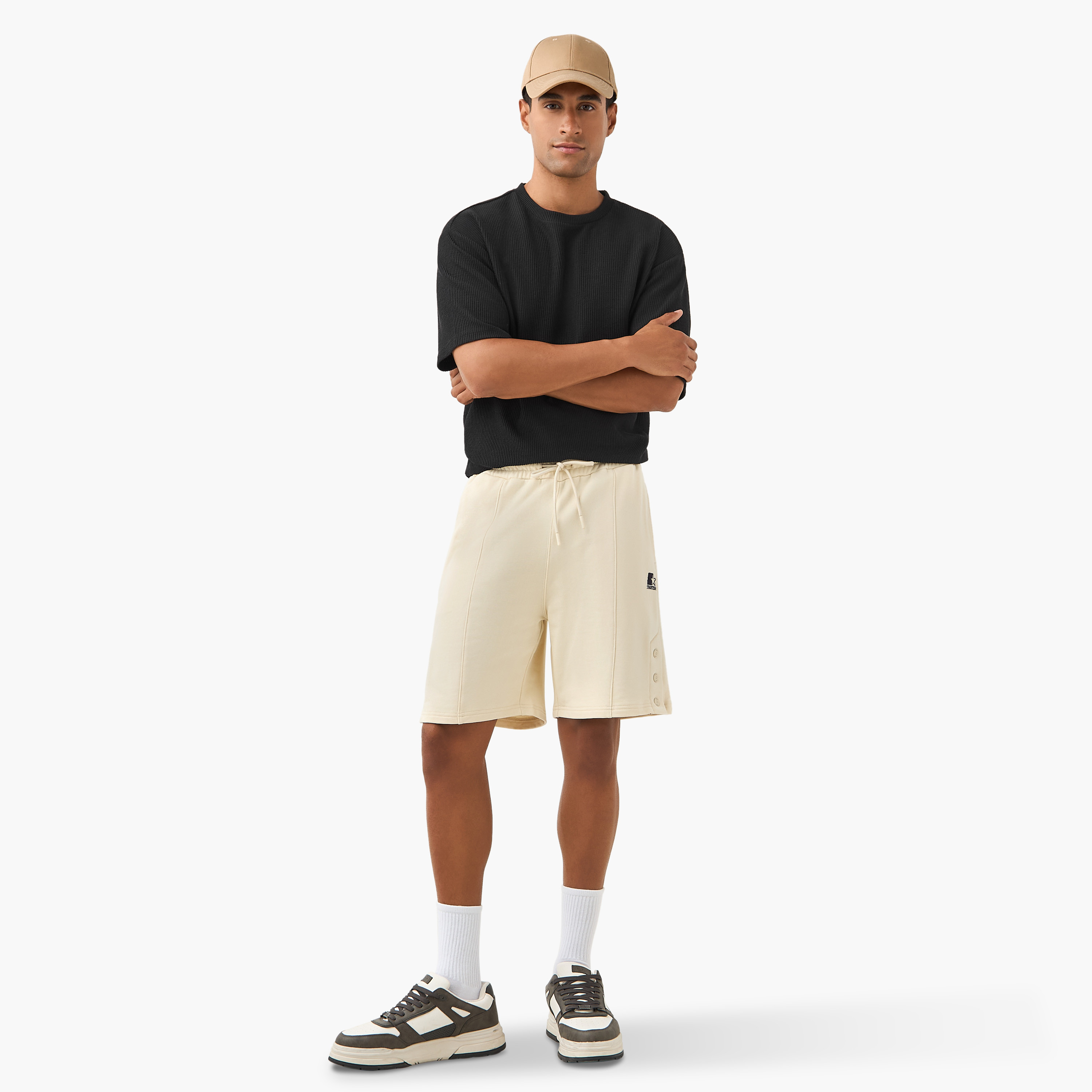 Starter Button Detail Flexi Waist Shorts with Pockets-men-clothing-bottoms-shorts-image-2