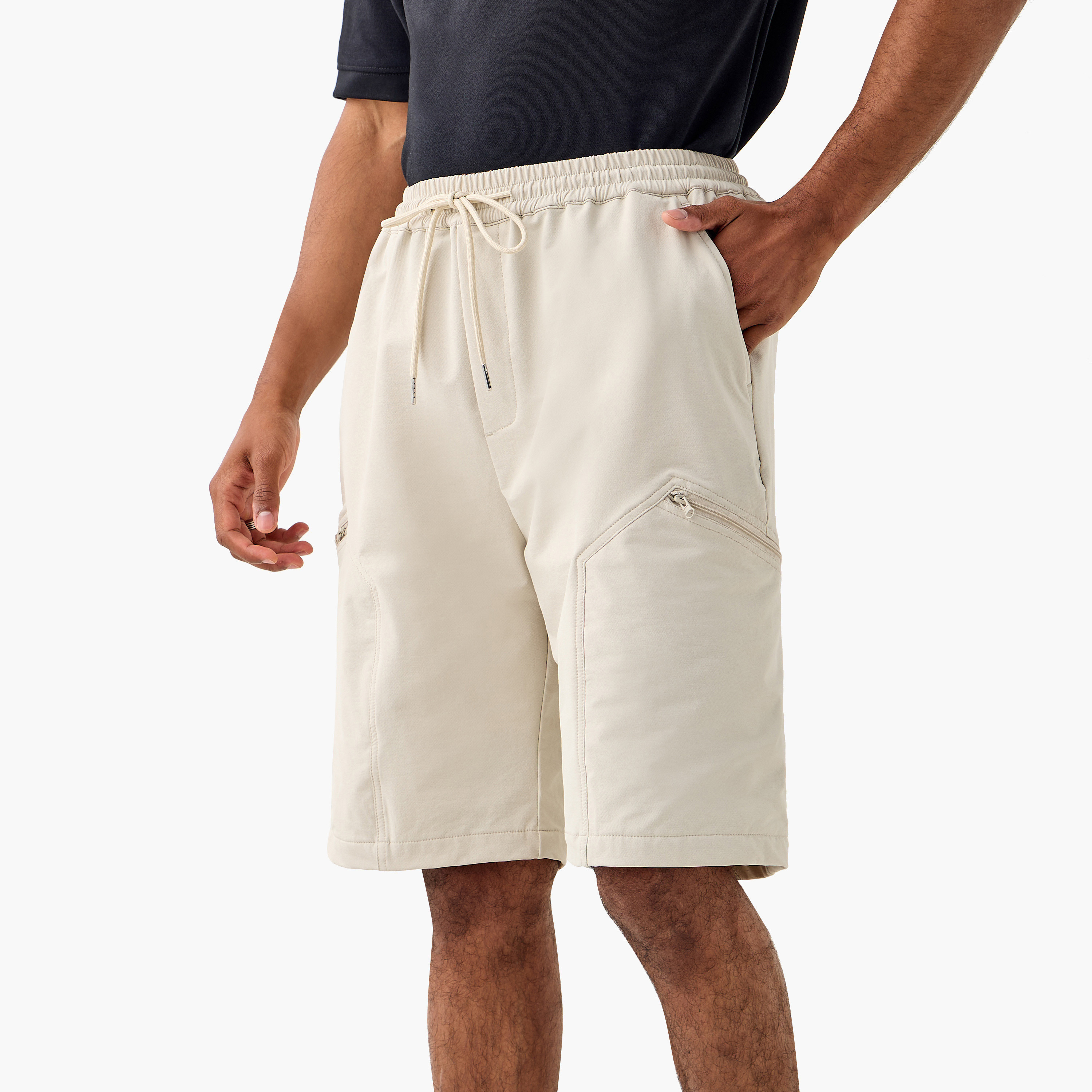 Panelled Flexi Waist Shorts with Pockets-men-clothing-bottoms-shorts-image-1