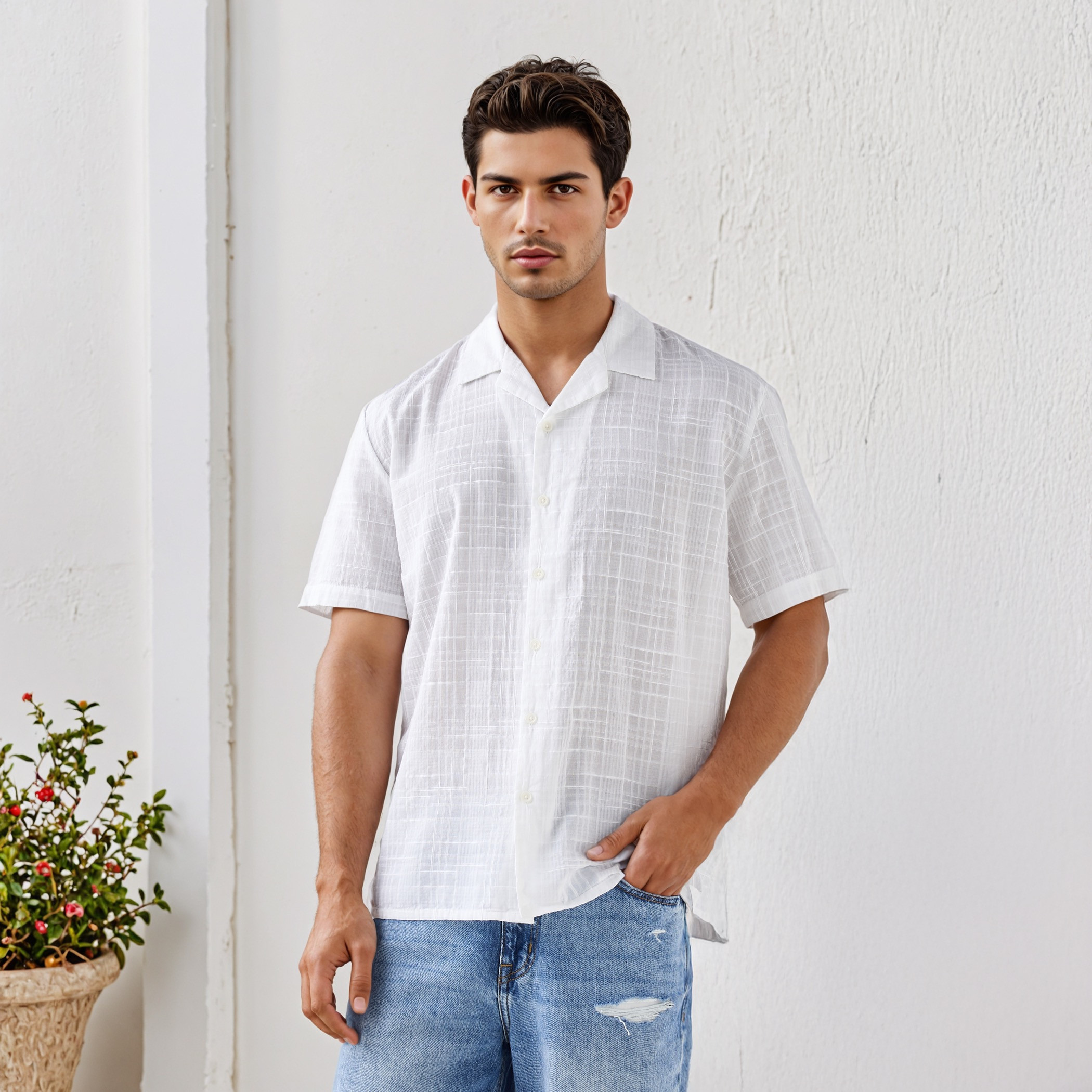 تيشيرت بارز الملمس بياقة عادية-men-clothing-shirts-image-1