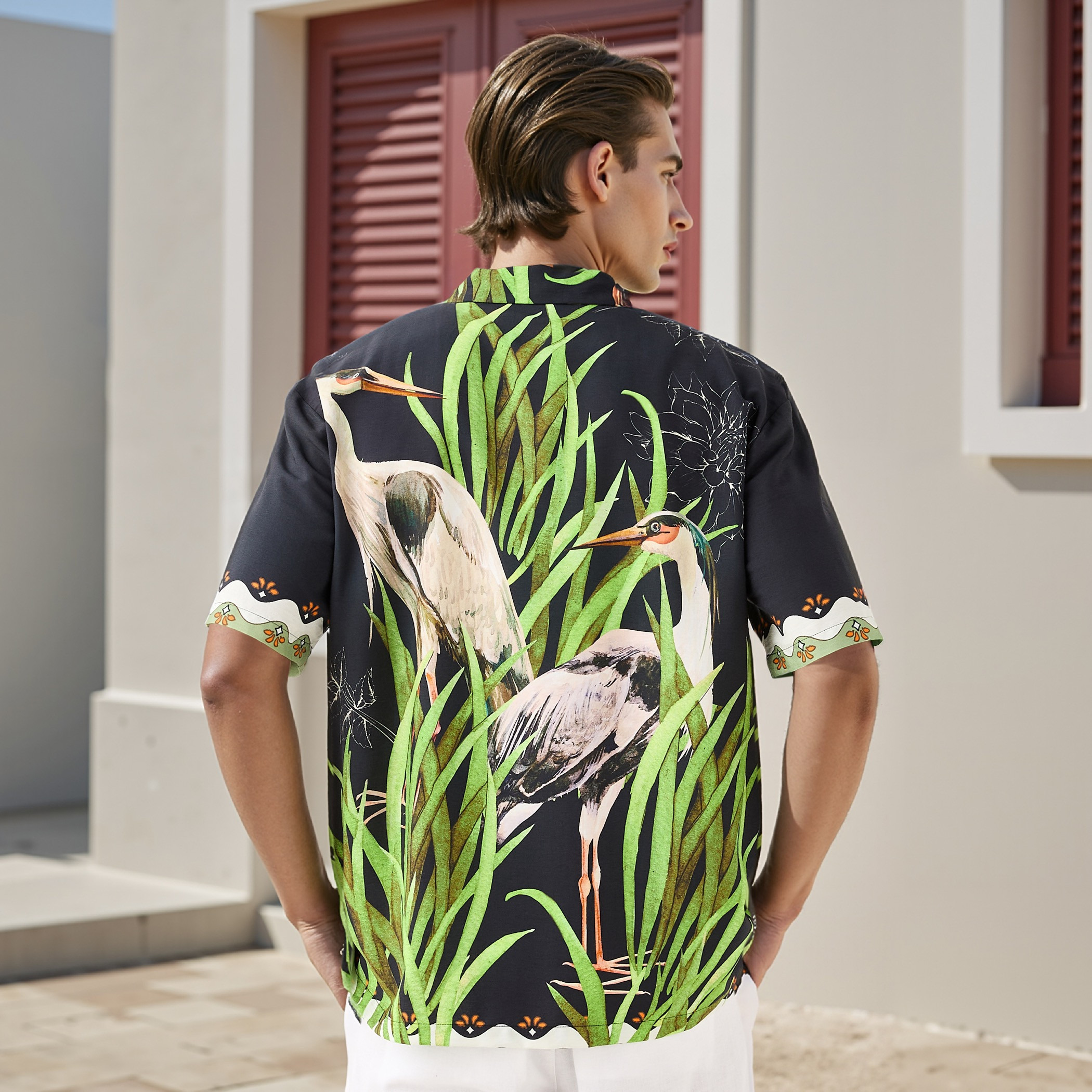 Relaxed Fit Graphic Print Shirt with Camp Collar and Short Sleeves-men-clothing-shirts-image-3