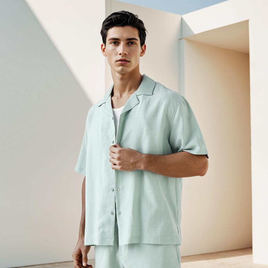 Relaxed Fit Camp Collar Shirt with Short Sleeves-men-clothing-shirts-image-2