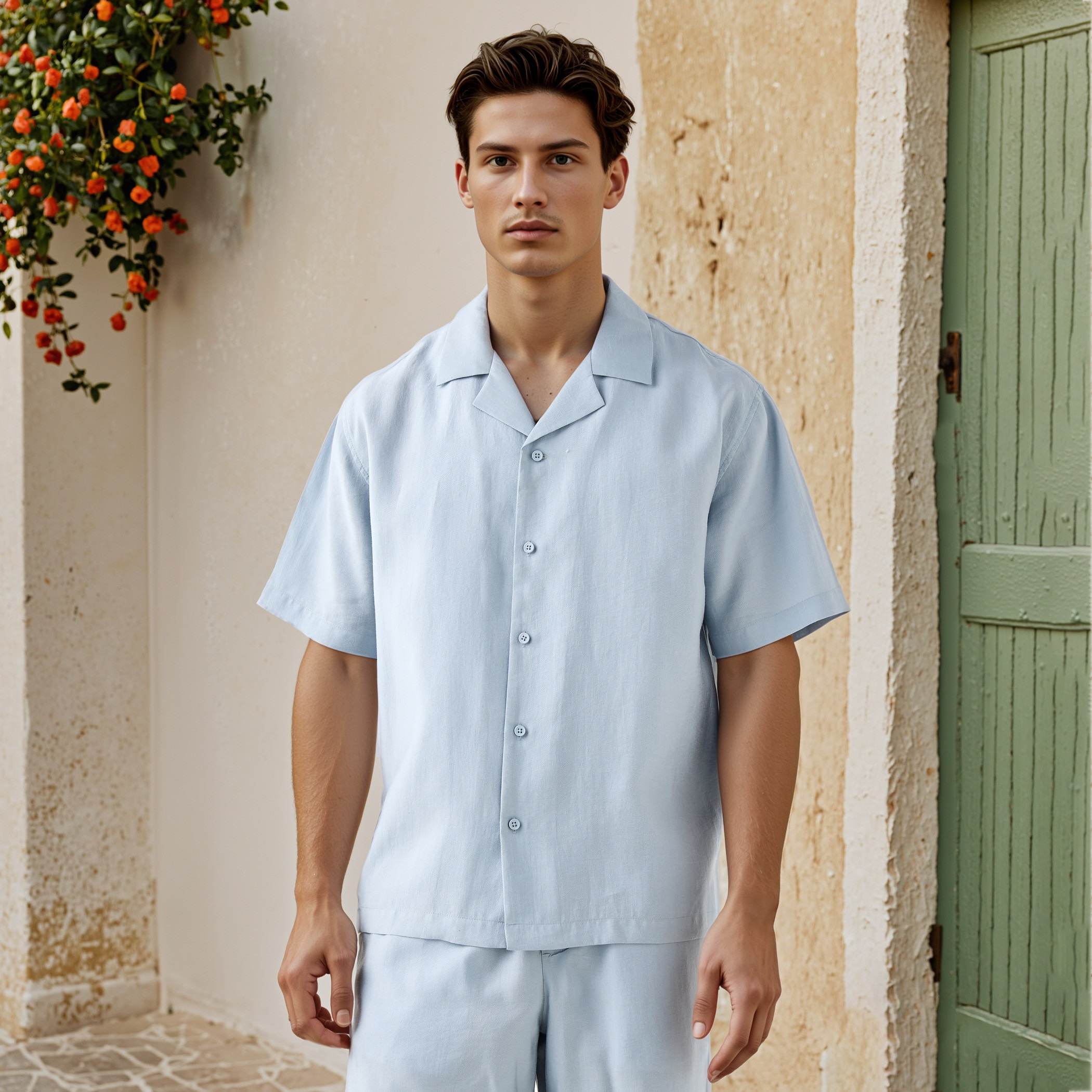 Relaxed Fit Camp Collar Shirt with Short Sleeves-men-clothing-shirts-image-1