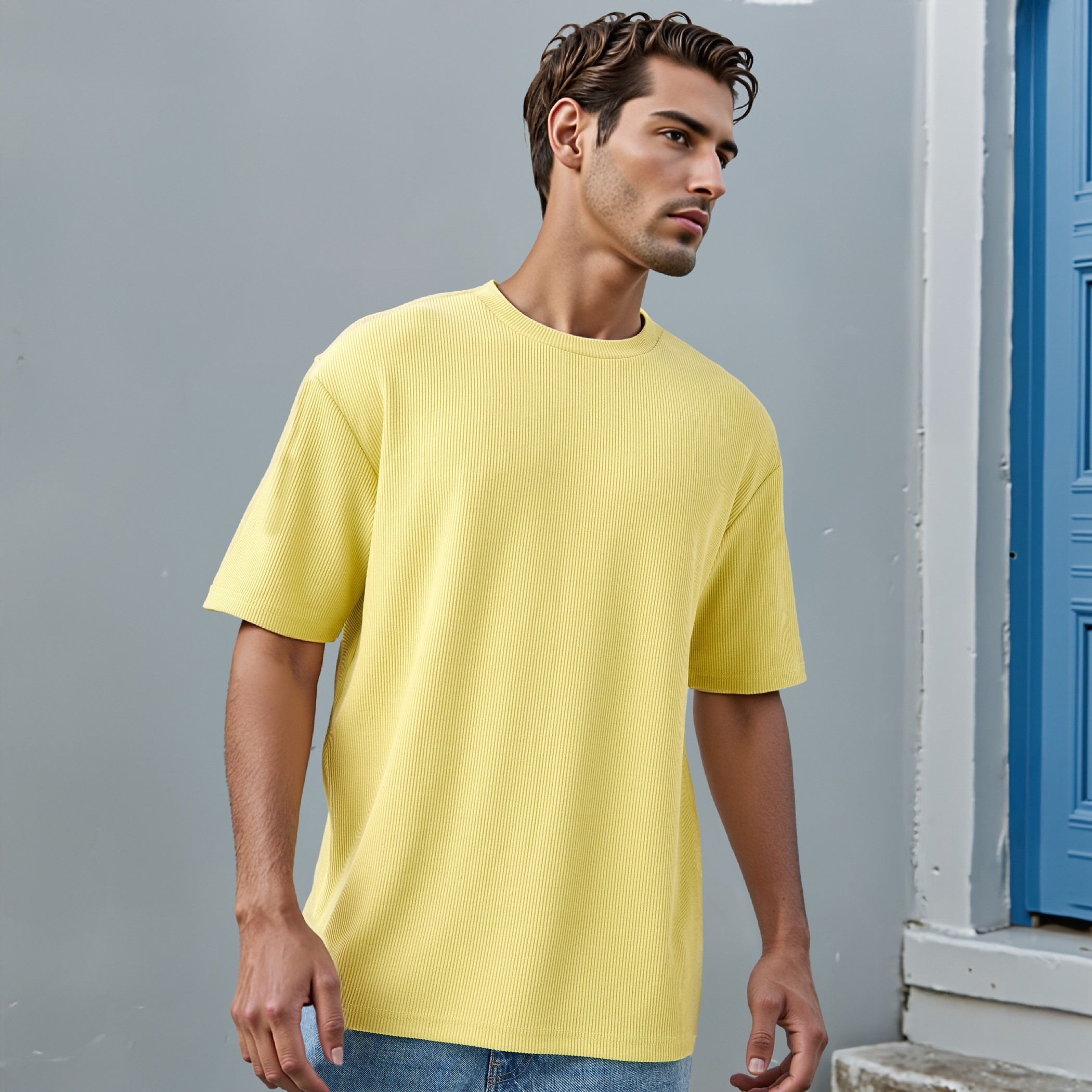 تيشيرت مضلع بياقة ضيقة-men-clothing-tshirtsandpolos-tshirts-image-1
