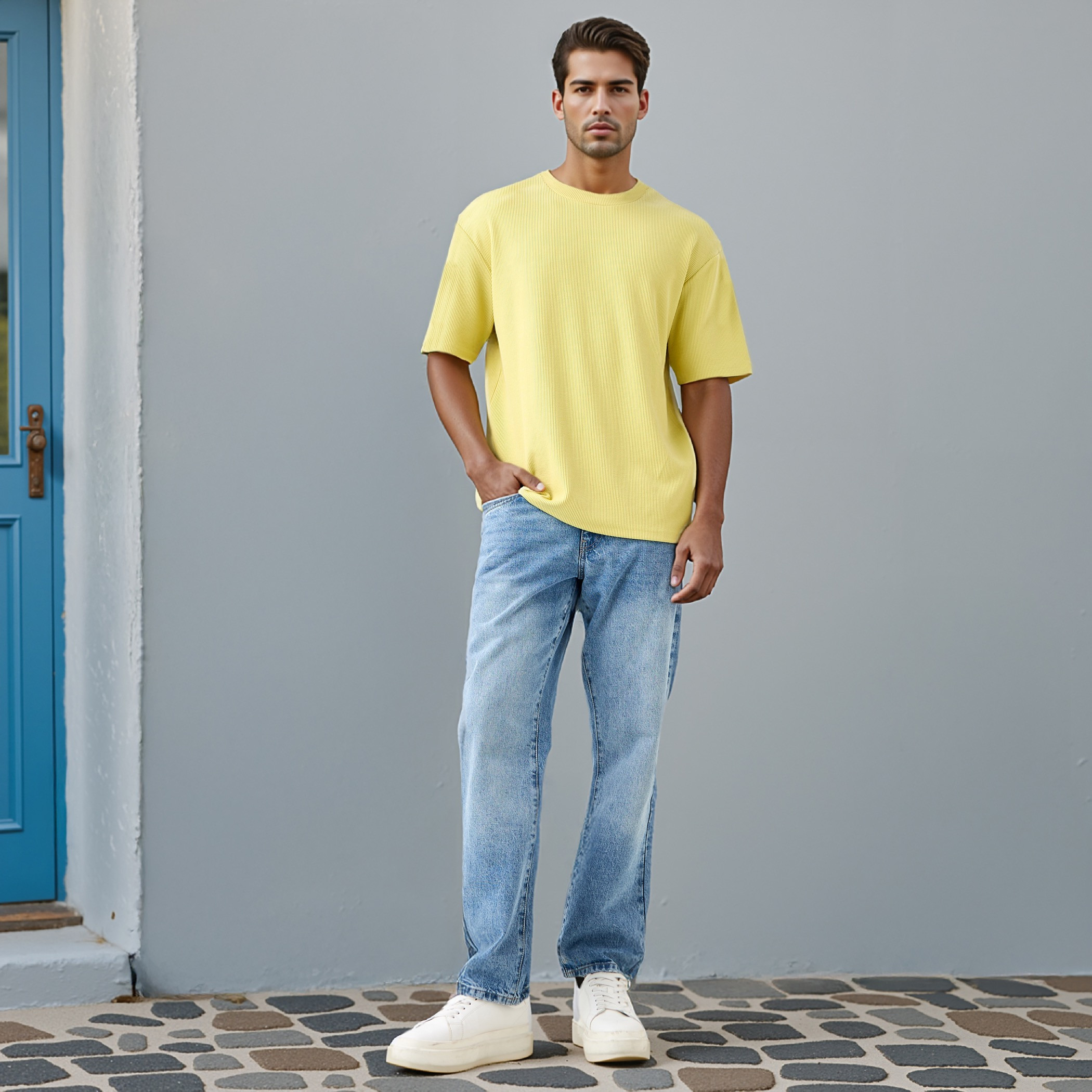 تيشيرت مضلع بياقة ضيقة-men-clothing-tshirtsandpolos-tshirts-image-2
