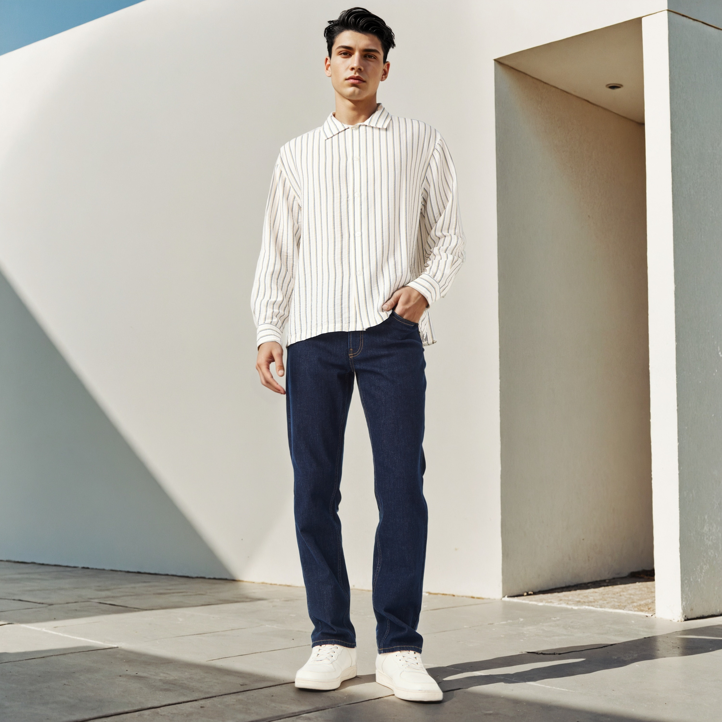 قميص مخطط بقصة مريحة وياقة عادية-men-clothing-shirts-image-2