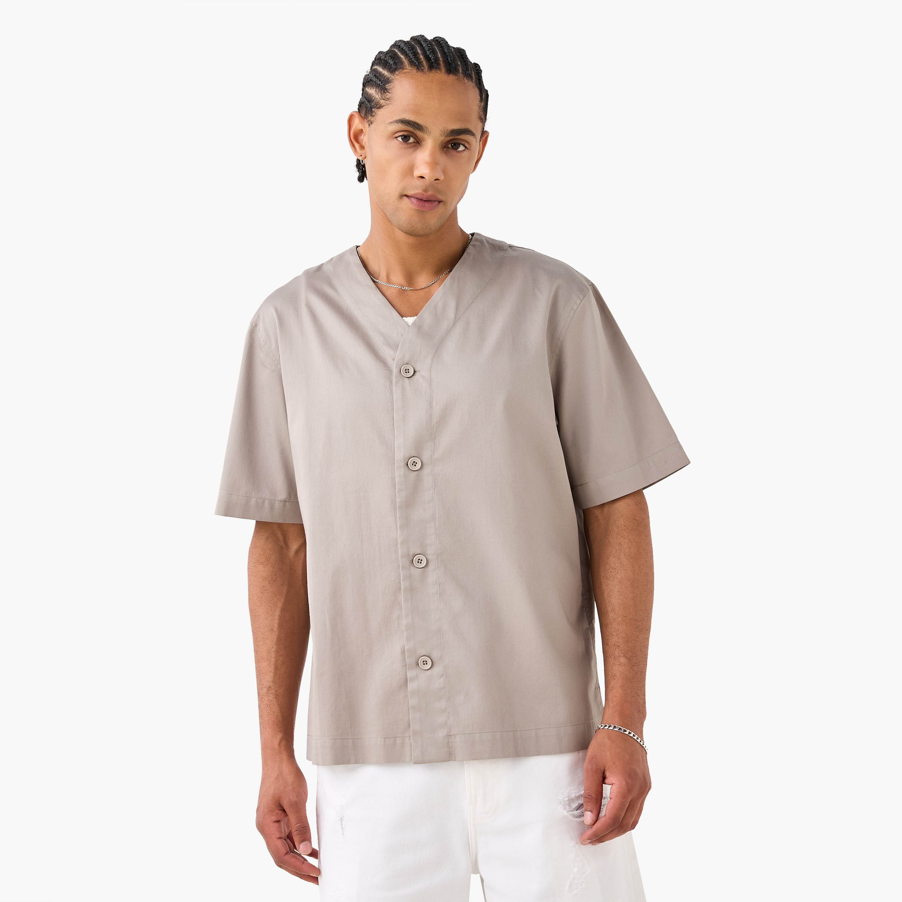 قميص بوبلين بيسبول بأزرار أمامية-men-clothing-shirts-image-1