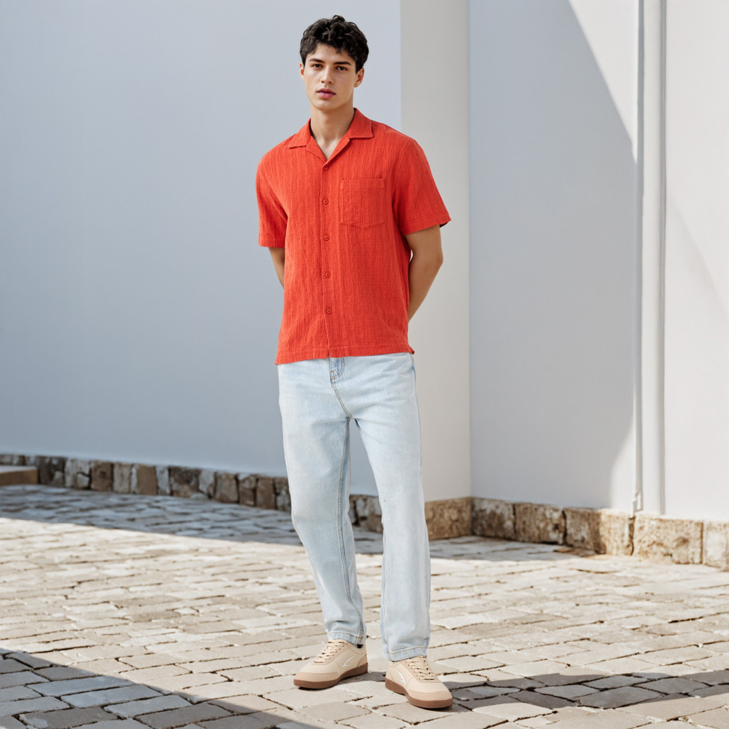 قميص بارز الملمس بياقة وقصة مريحة-men-clothing-shirts-image-2