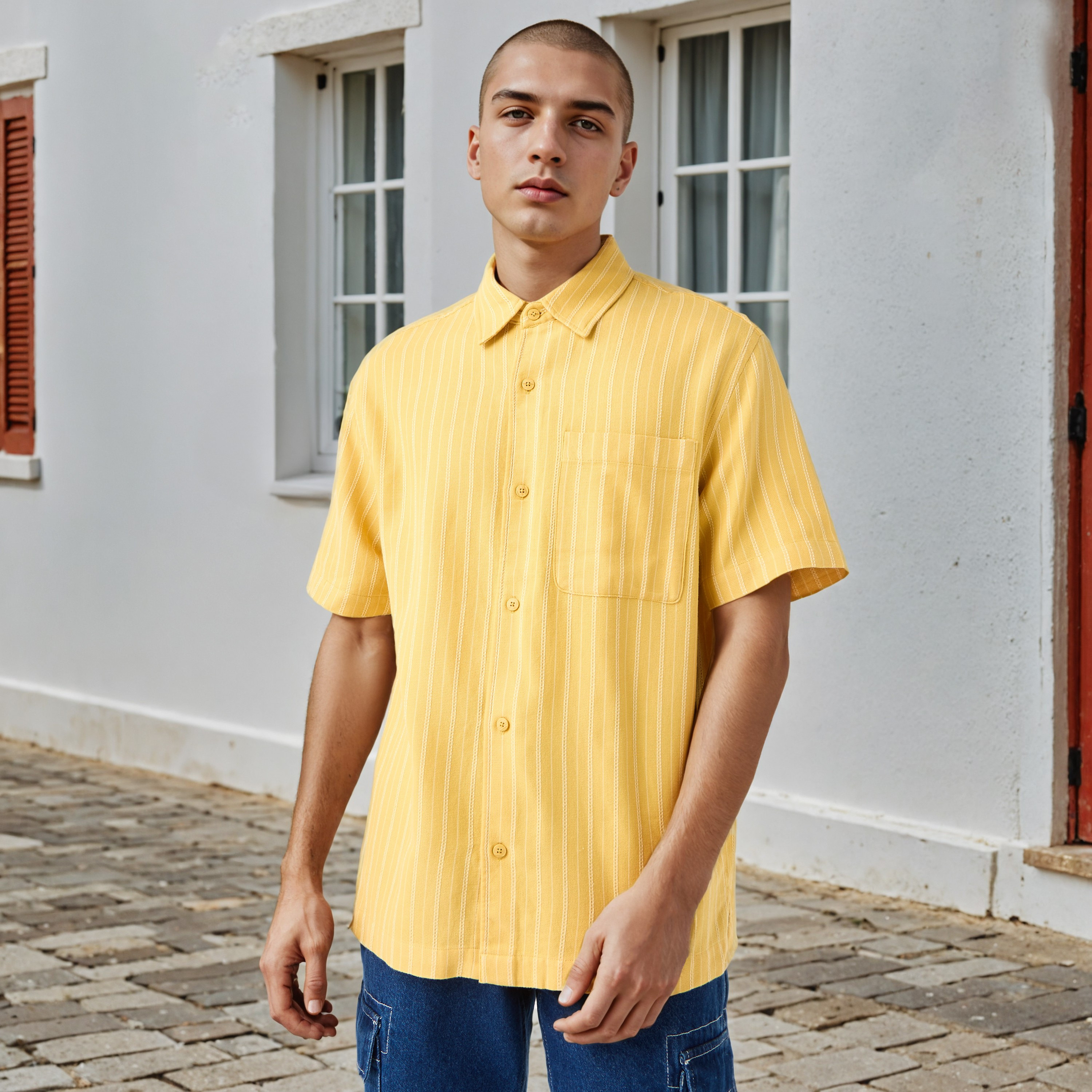 قميص مخطط بقصة مريحة وأكمام قصيرة وياقة عادية-men-clothing-shirts-image-1