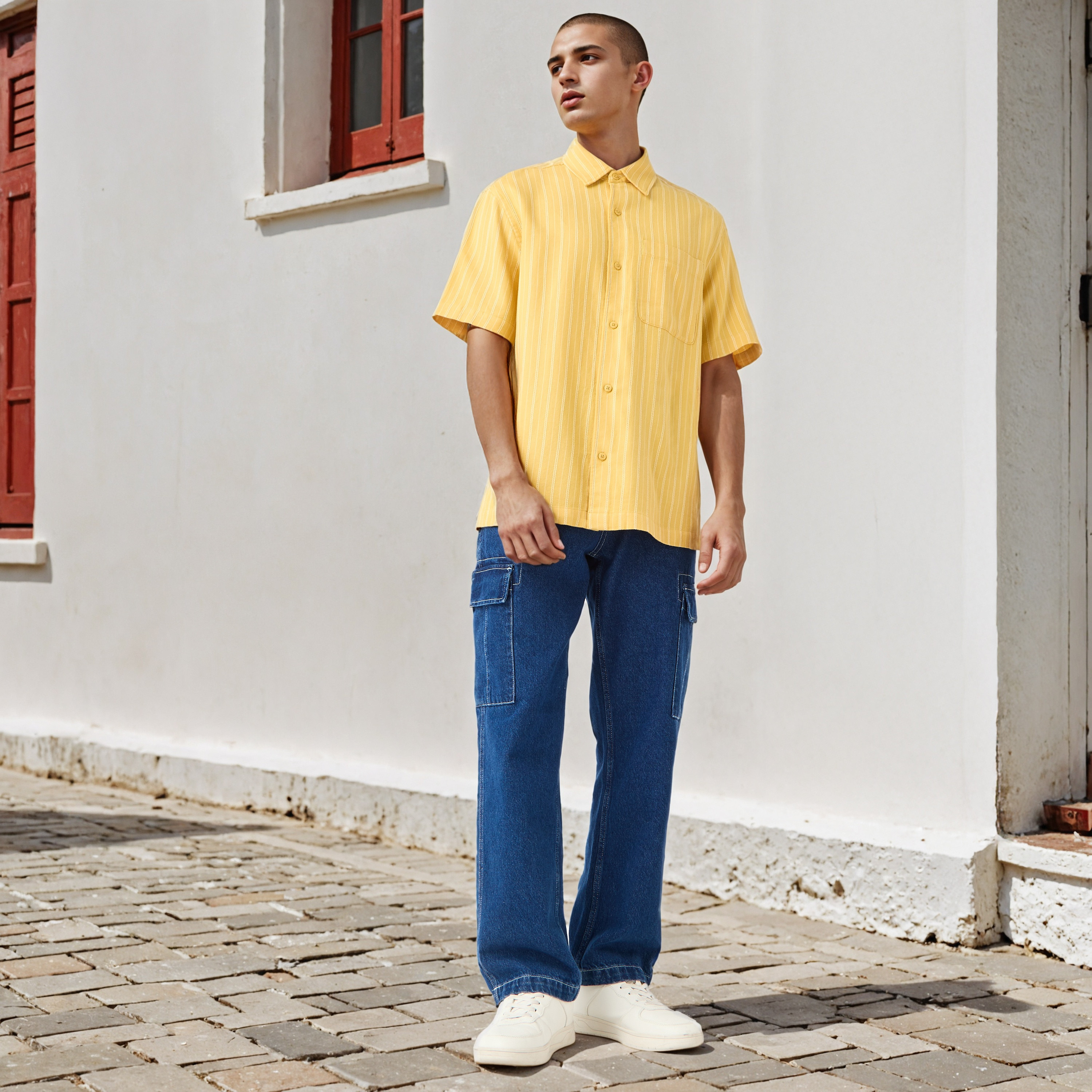 قميص مخطط بقصة مريحة وأكمام قصيرة وياقة عادية-men-clothing-shirts-image-2