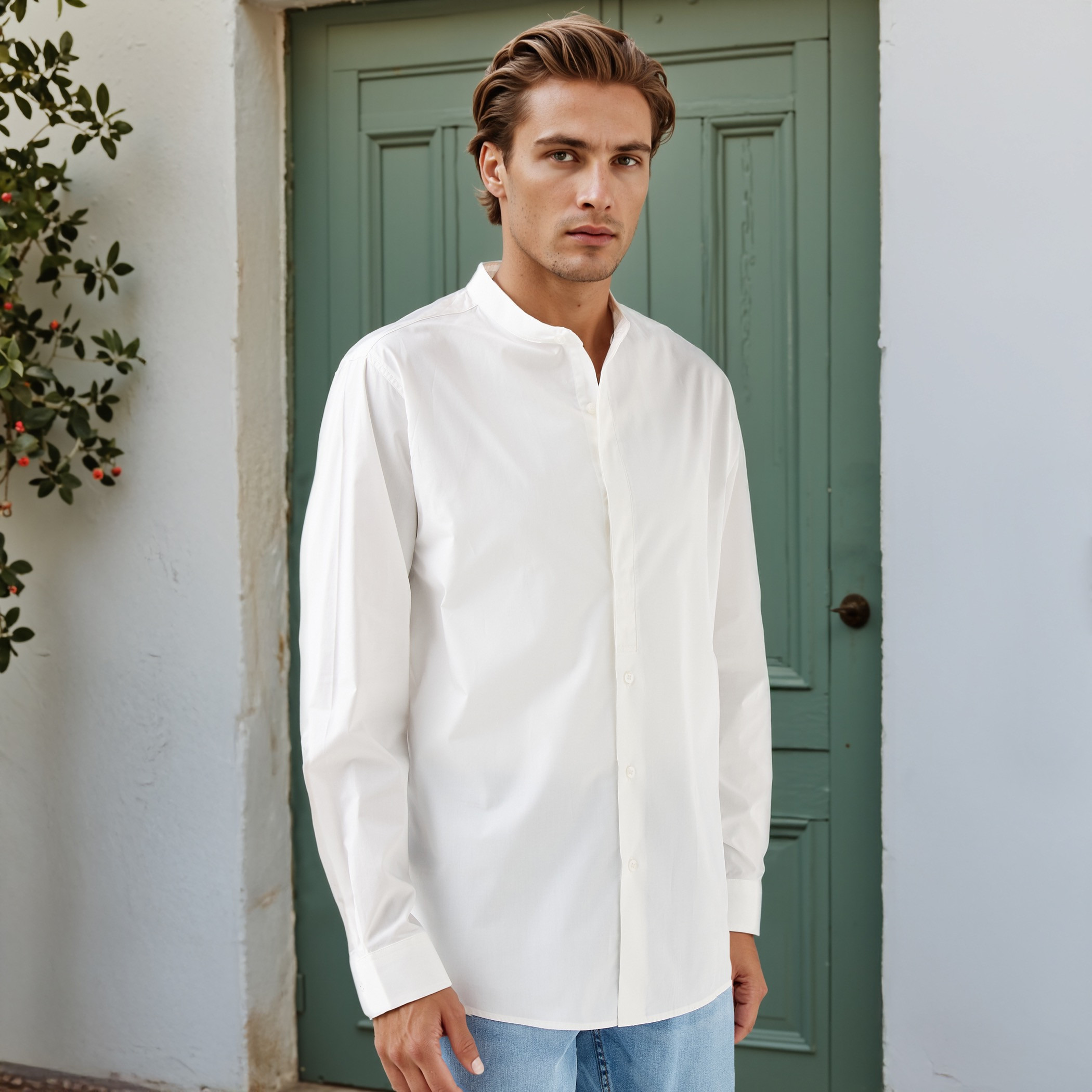 Relaxed Fit Mandarin Collar Shirt-men-clothing-shirts-image-1
