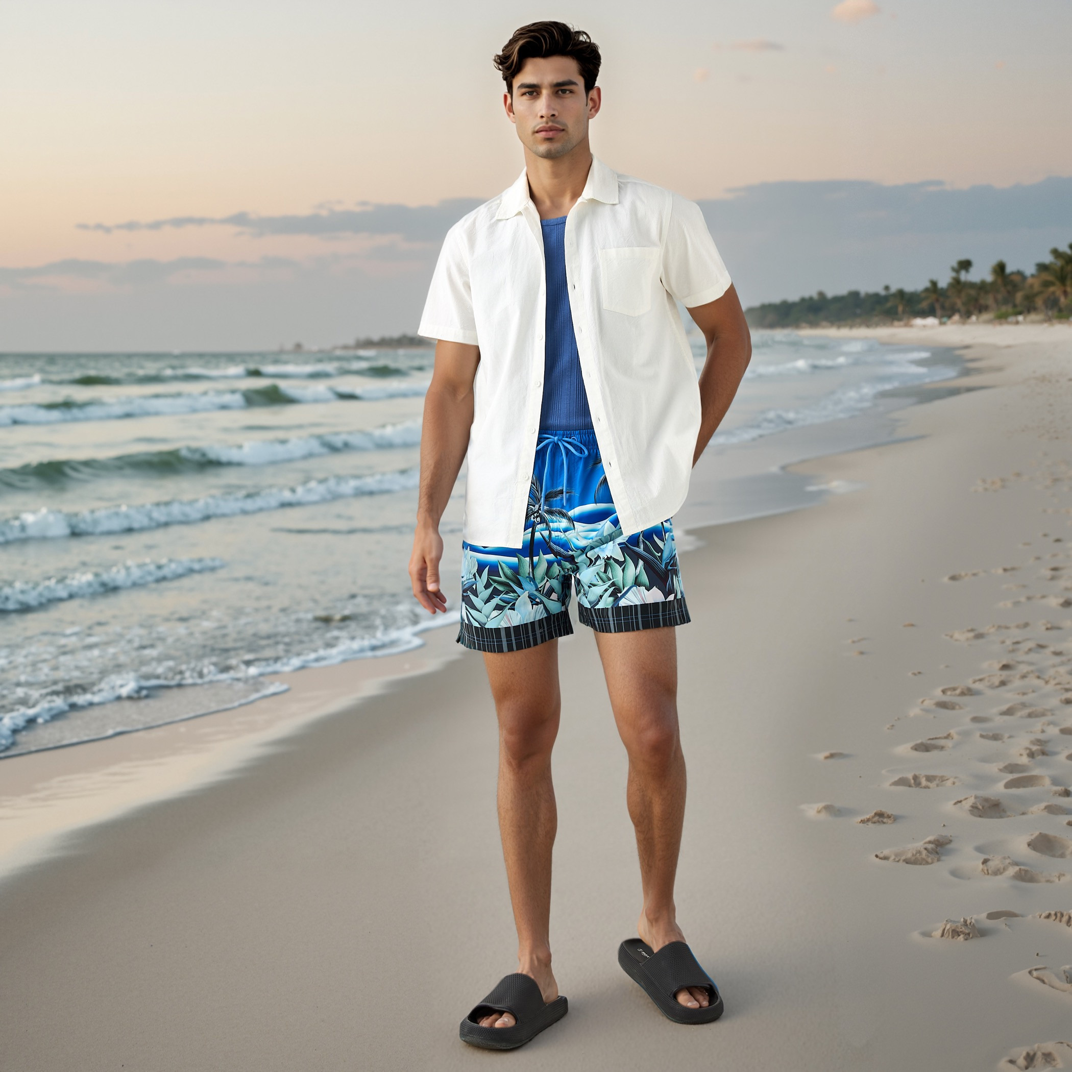 Tropical Print Swim Shorts with Pockets-sports-men-clothing-swimwear-image-2