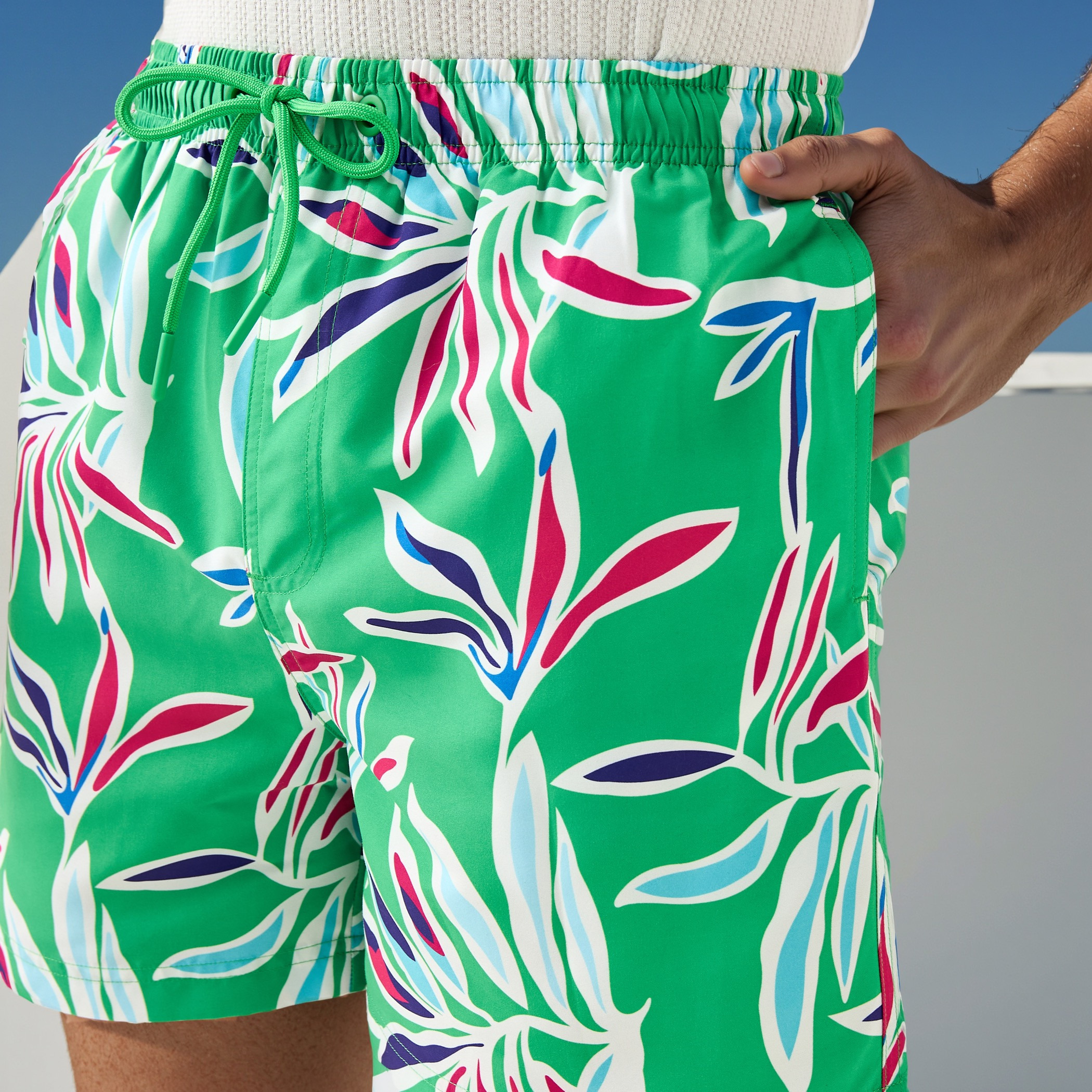 All-Over Leaf Print Swim Shorts with Drawstring Closure-sports-men-clothing-swimwear-image-4